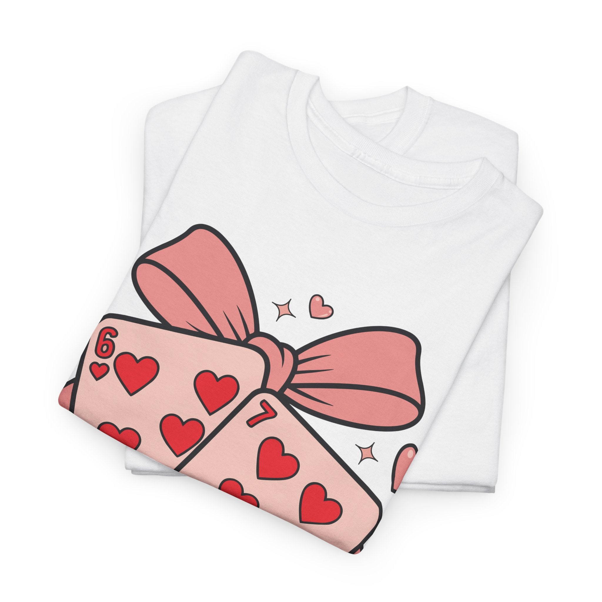 6 & 7 of Hearts T-Shirt — Paired Playing Cards with Pink Bow Unisex Cotton Tee