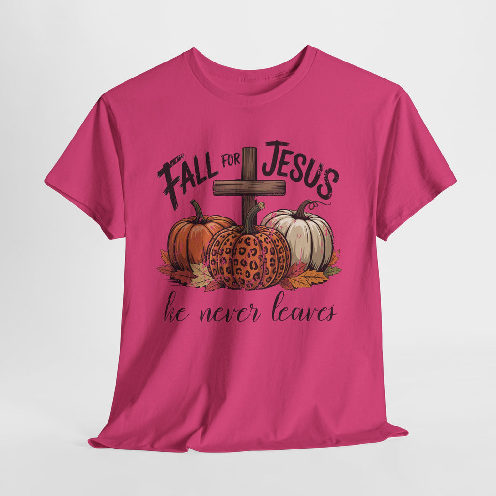Fall for Jesus Pumpkin Cross Tee — "He Never Leaves" Autumn Christian Unisex Cotton T-Shirt
