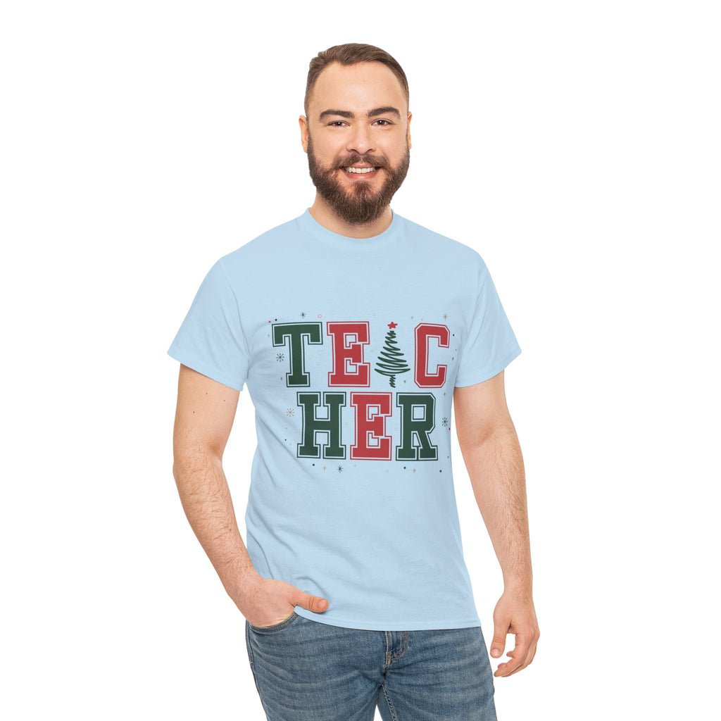Teacher Christmas Varsity T-Shirt — Red & Green Holiday Unisex Cotton Tee