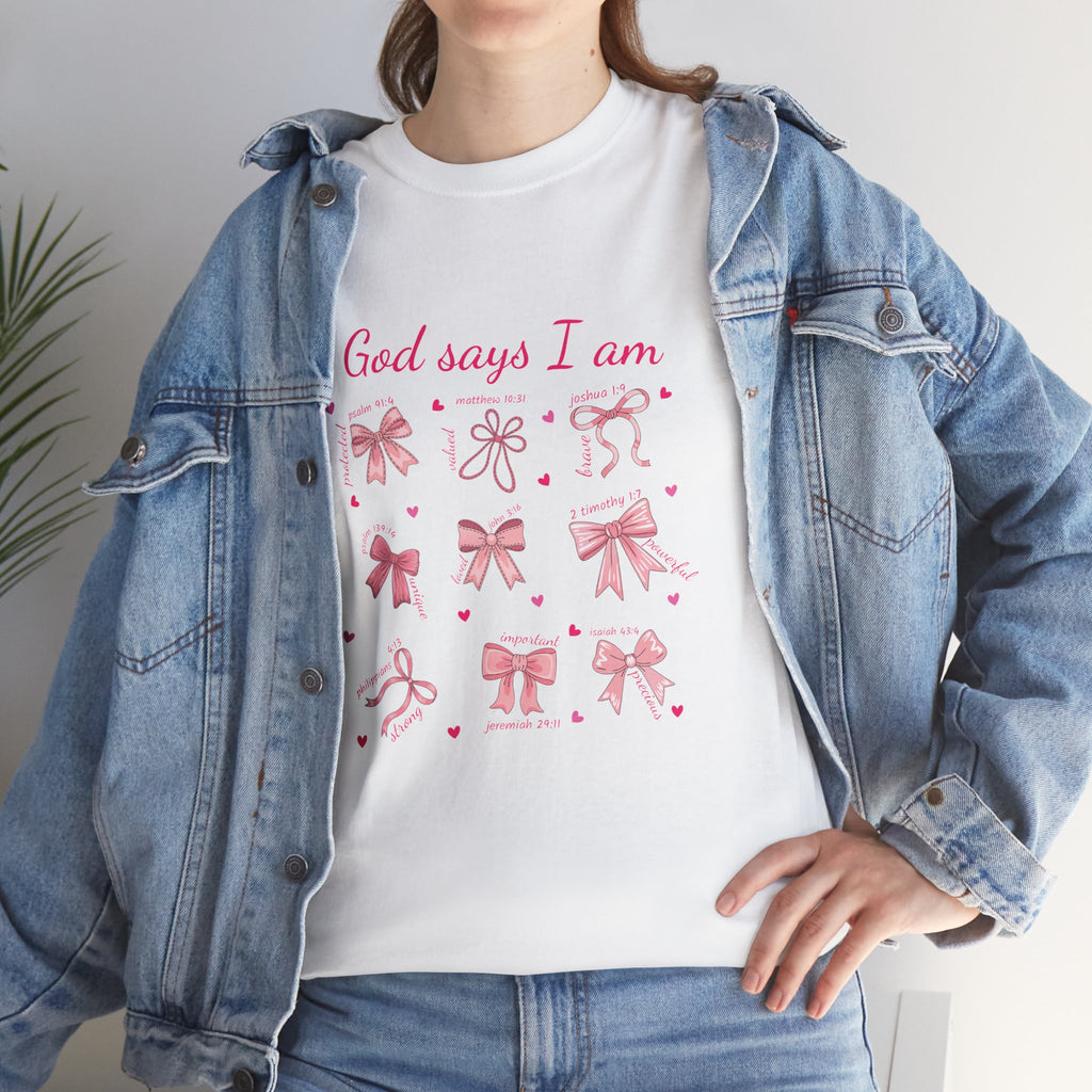 God Says I Am Pink Bow Tee — Faith-Based 'Loved, Brave, Strong' Unisex Cotton Shirt