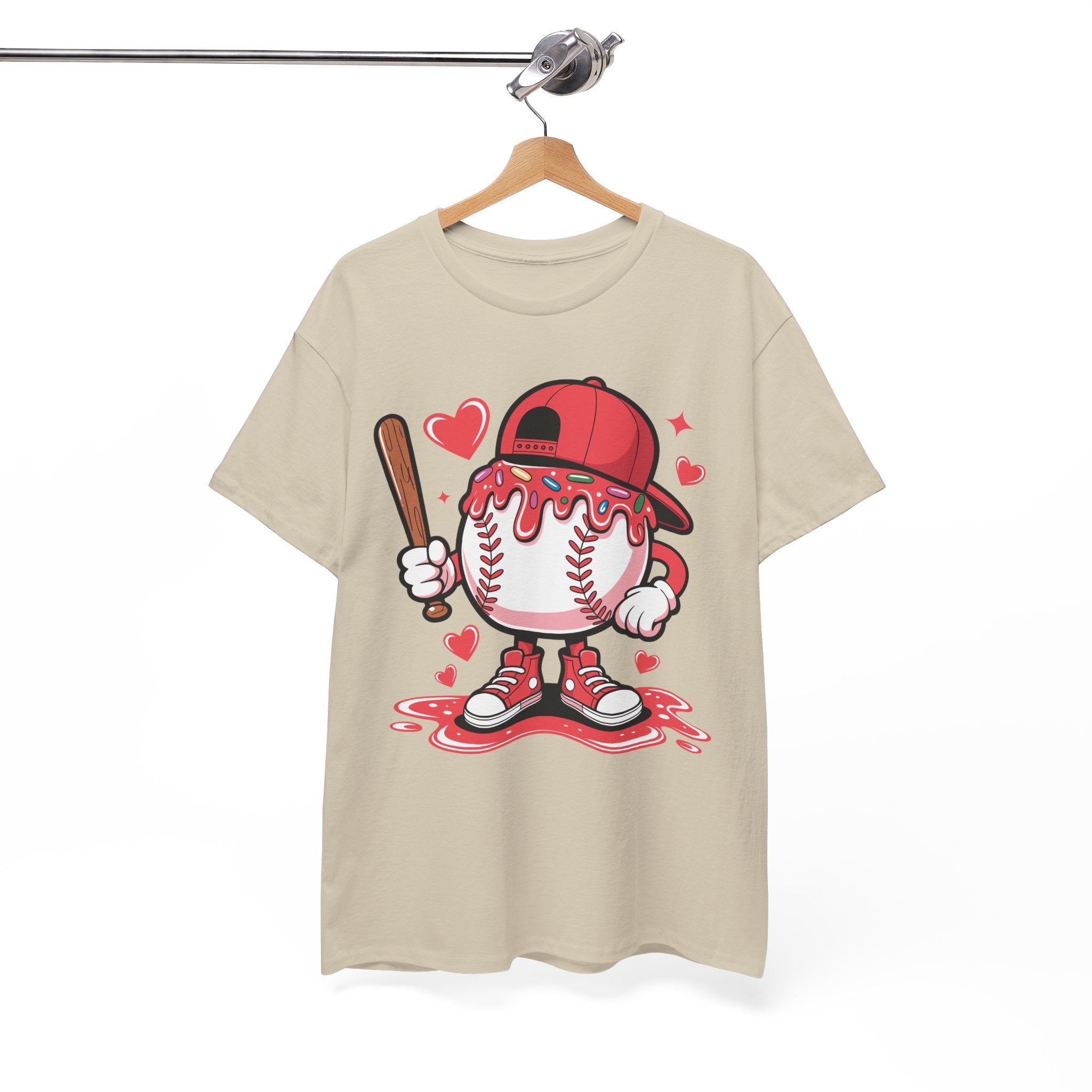 Cute Baseball Character T-Shirt — Red Cap & Icing Top Graphic with Hearts Unisex Cotton Tee