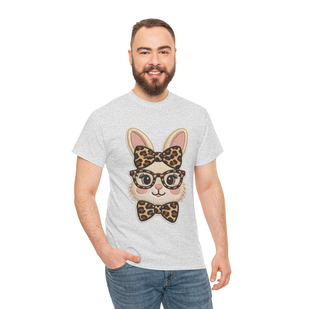 Leopard Bow Bunny Embroidered Tee — Cute Bunny Face with Glasses Patch Unisex Cotton Tee