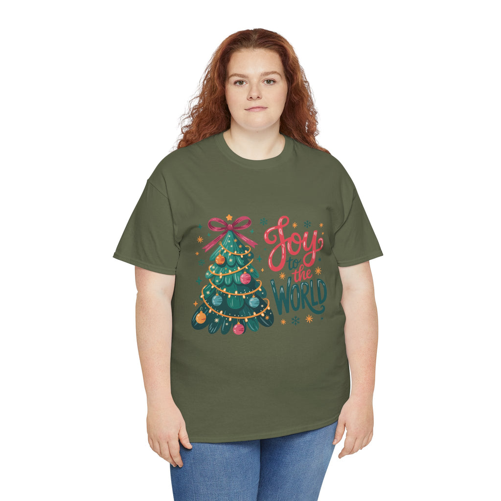 Joy to the World Christmas Tee — Festive Tree with Pink Bow..Unisex Cotton Tee