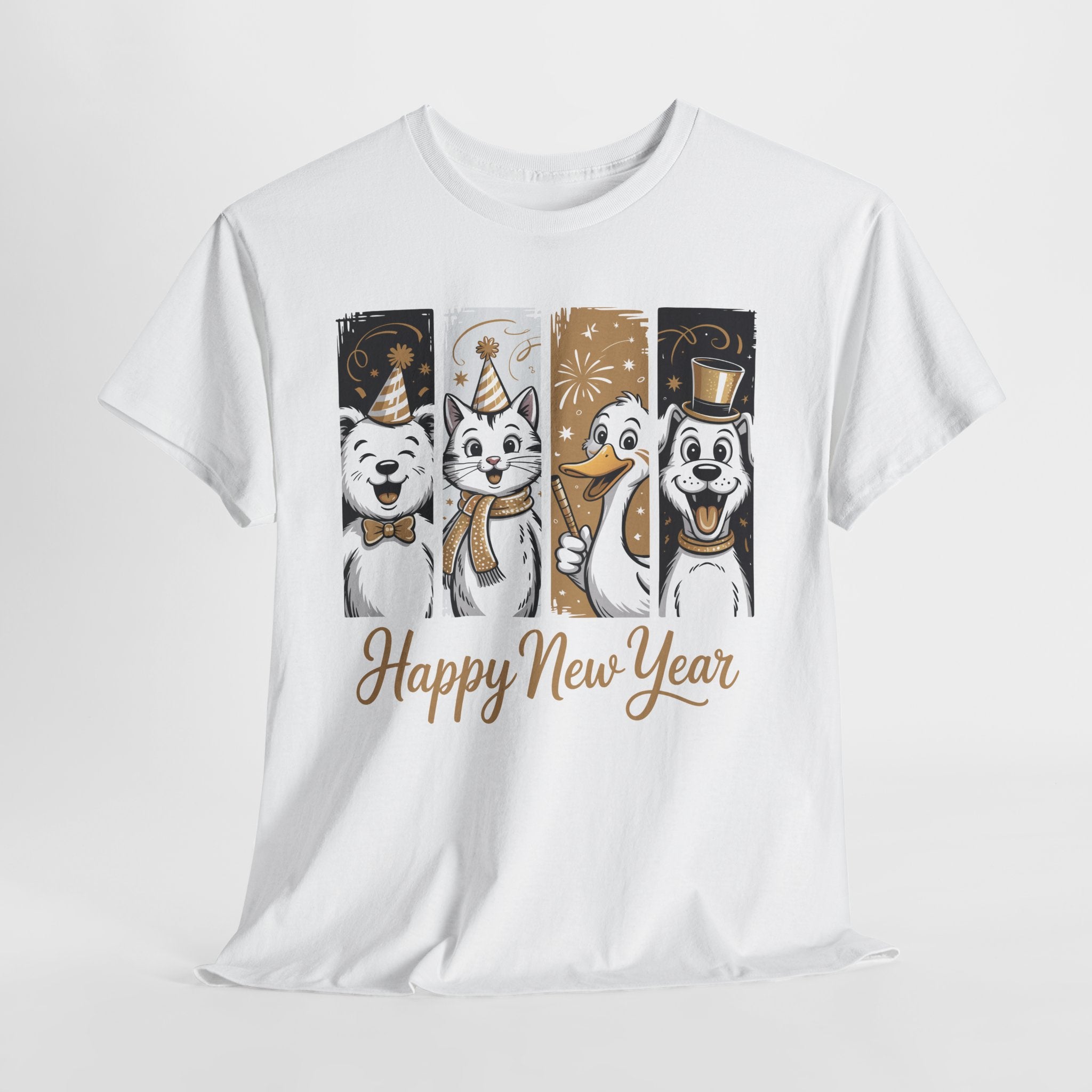 Happy New Year Party Animals T-Shirt — Cute Smiling Animals in Party Hats & Gold Fireworks..Unisex Cotton Tee