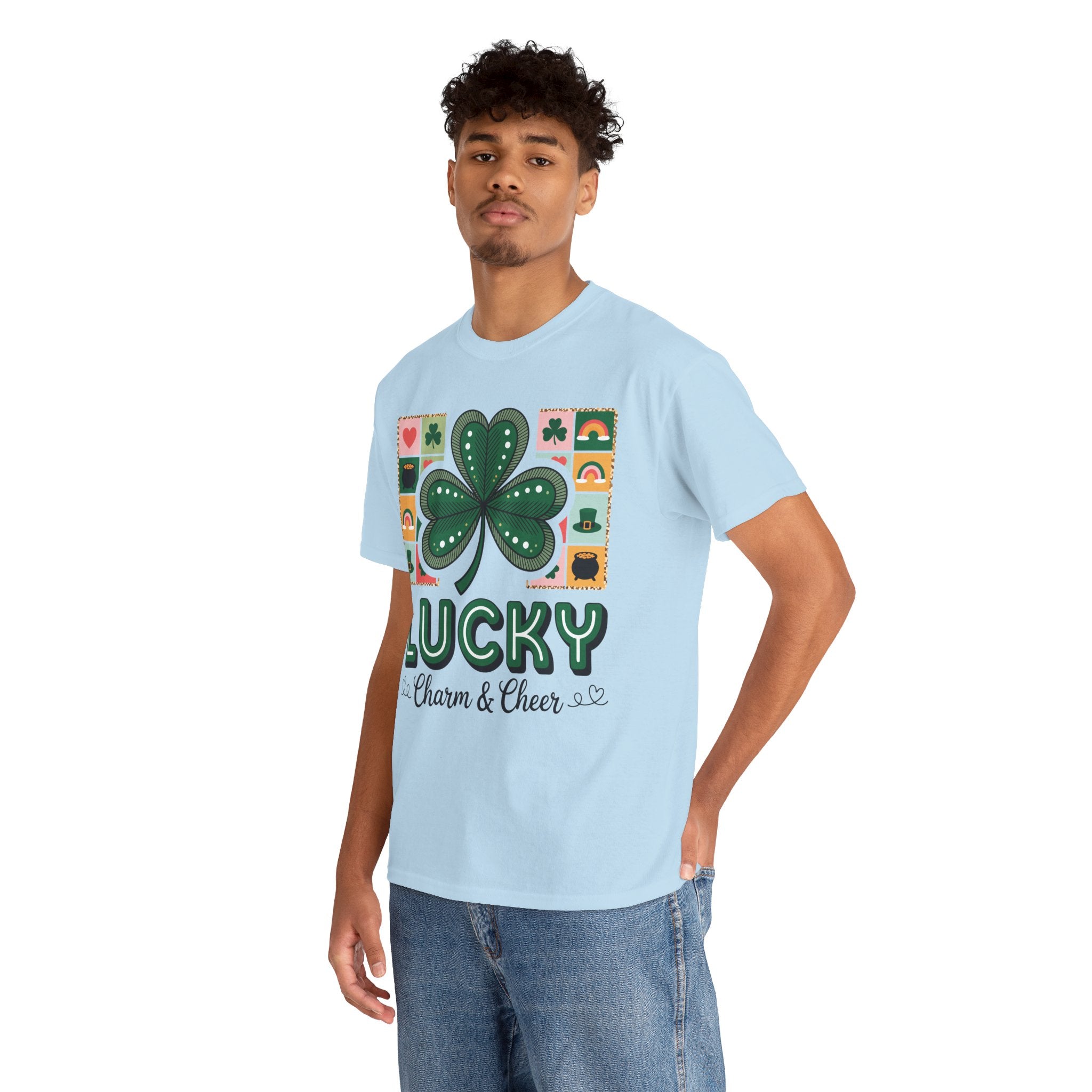 Lucky Charm & Cheer Clover Tee — Patchwork St. Patrick’s Day Unisex Cotton T-Shirt