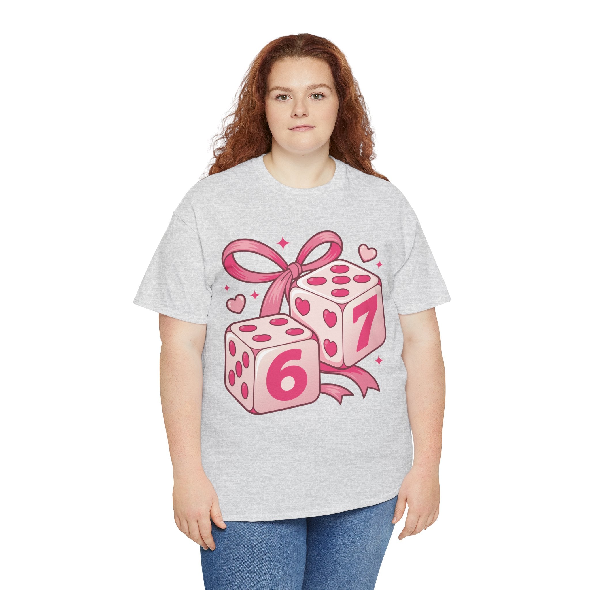 Lucky Love Dice T-Shirt — Pink Heart Dice with Bow..Unisex Cotton Tee