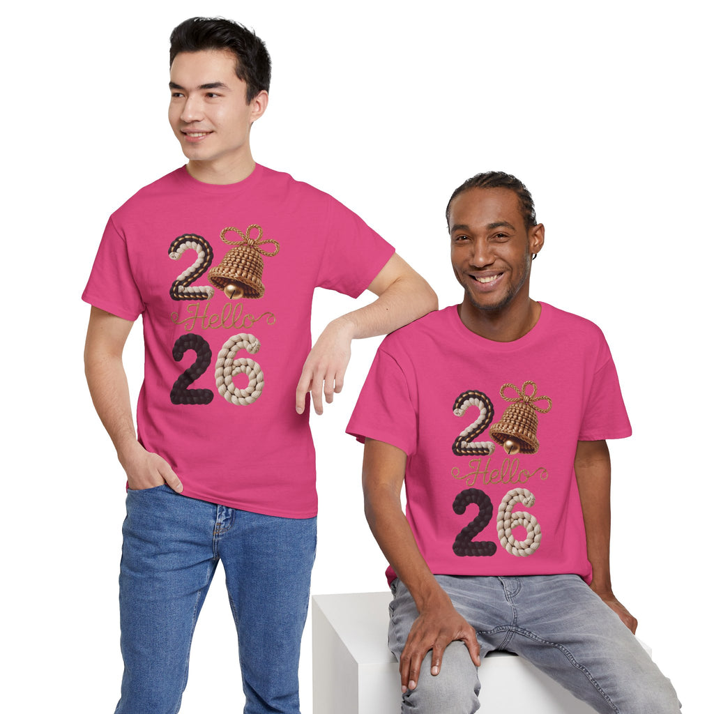 Hello 2026 Tee — Cozy Faux Yarn Braided Numbers with Woven Golden Bell..Unisex Cotton Tee