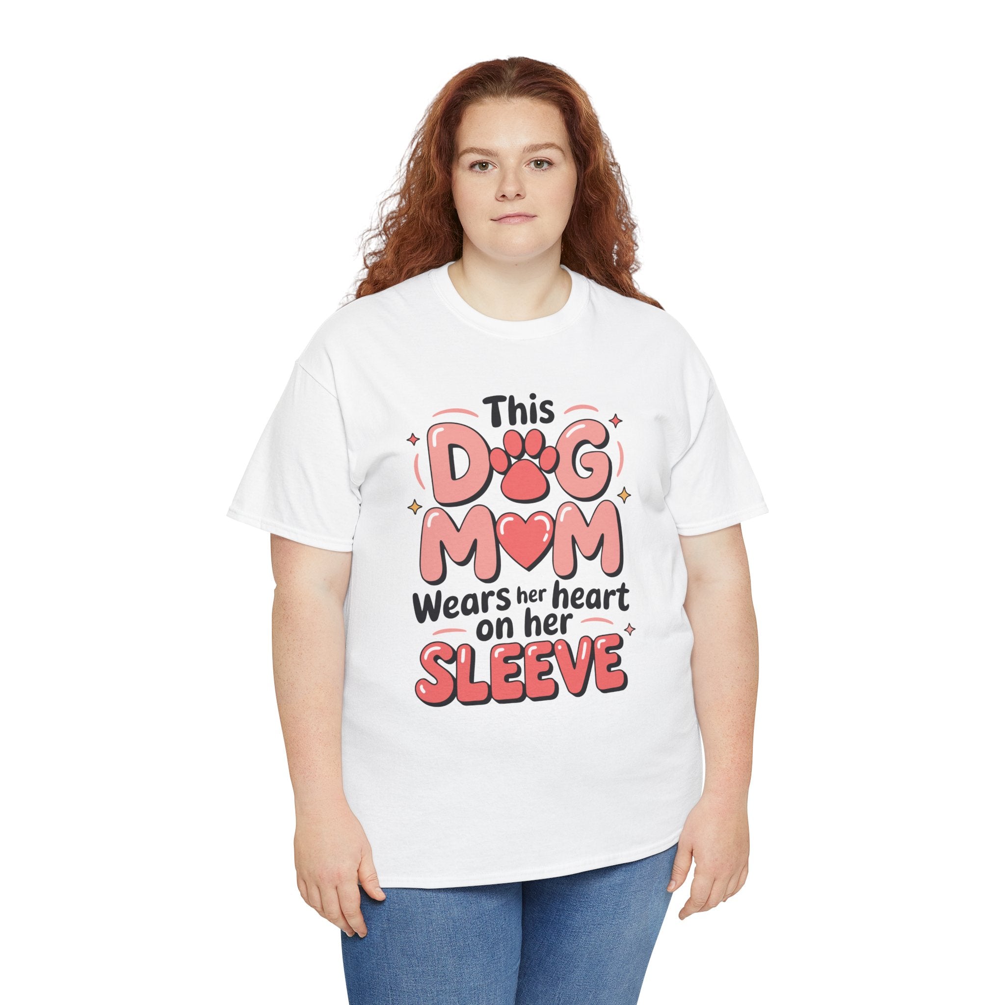 Dog Mom T-Shirt — "This Dog Mom Wears Her Heart on Her Sleeve" Paw & Heart Unisex Cotton Tee
