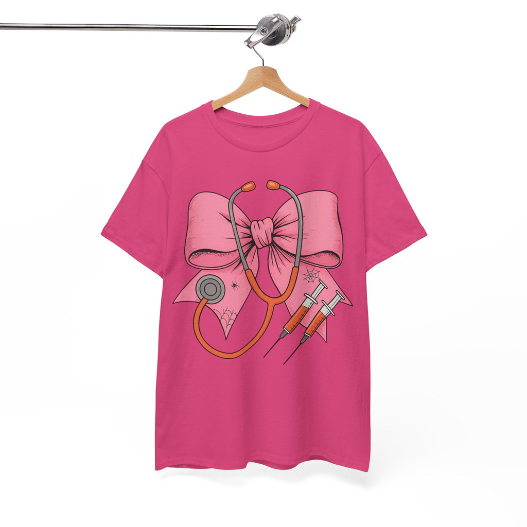 Halloween Nurse T‑Shirt — Pink Nurse Bow with Stethoscope, Syringes & Spider Webs..Unisex Cotton Tee