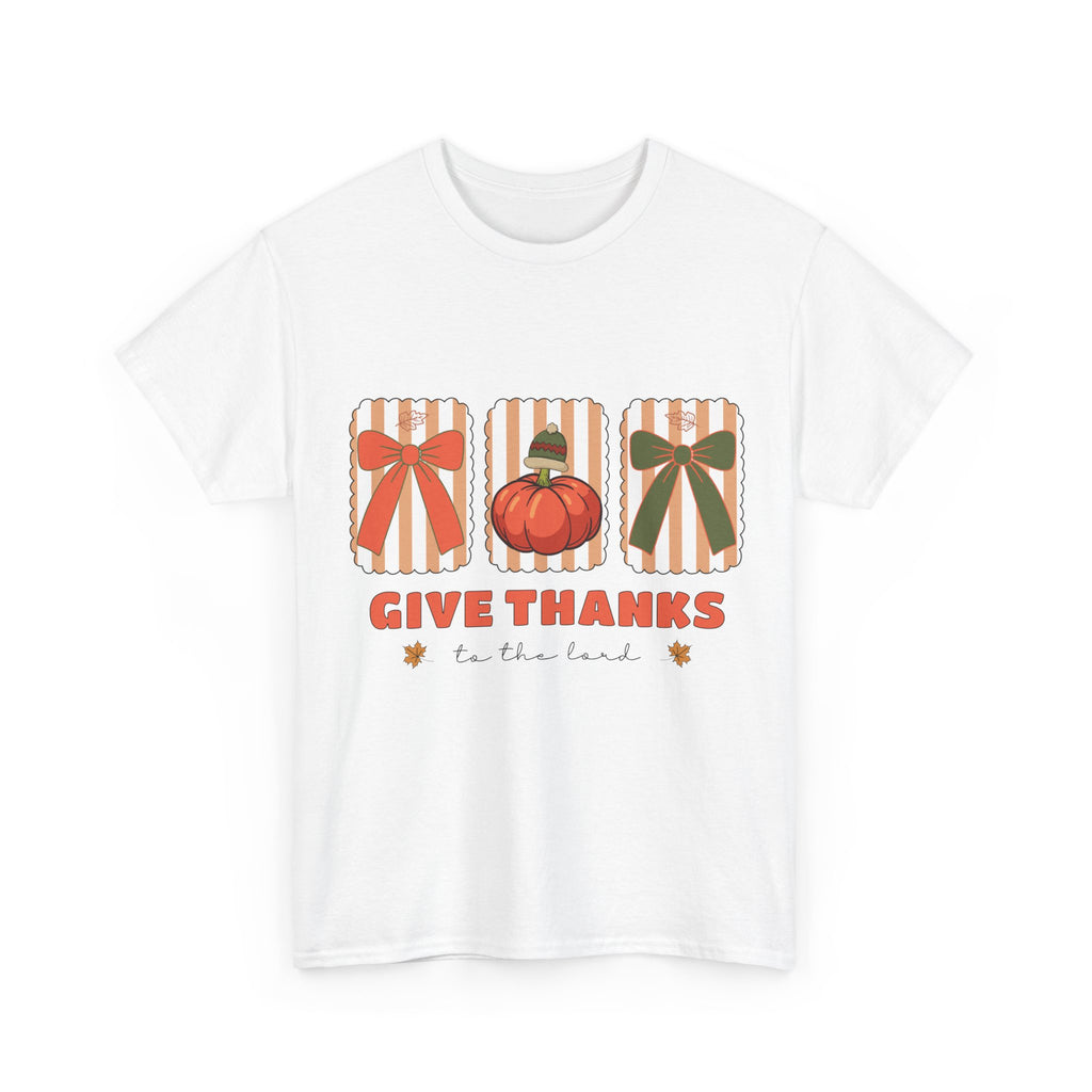Give Thanks Thanksgiving T-Shirt — Pumpkin with Hat & Bows Unisex Cotton Tee