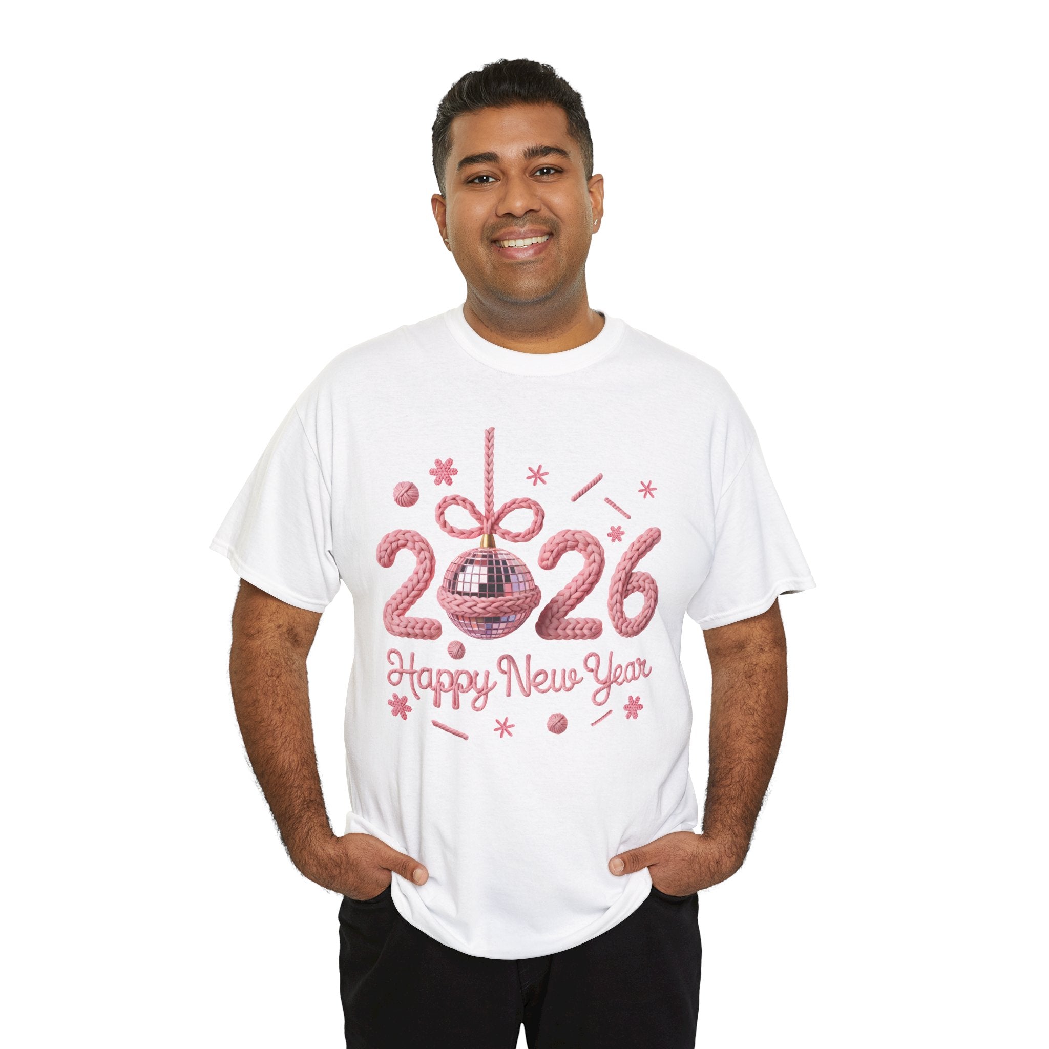 2026 Happy New Year Pink Knitted Disco Ball Unisex Cotton Tee