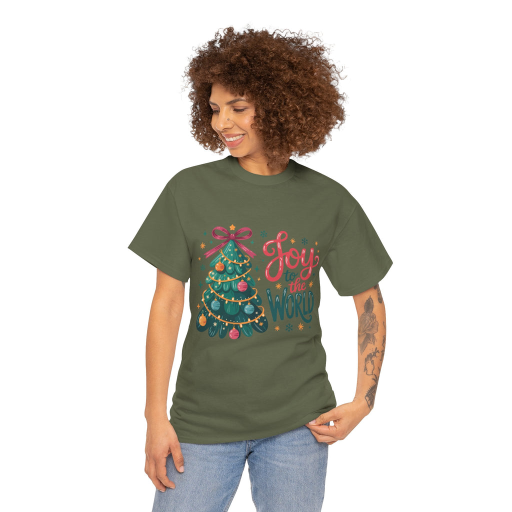 Joy to the World Christmas Tee — Festive Tree with Pink Bow..Unisex Cotton Tee