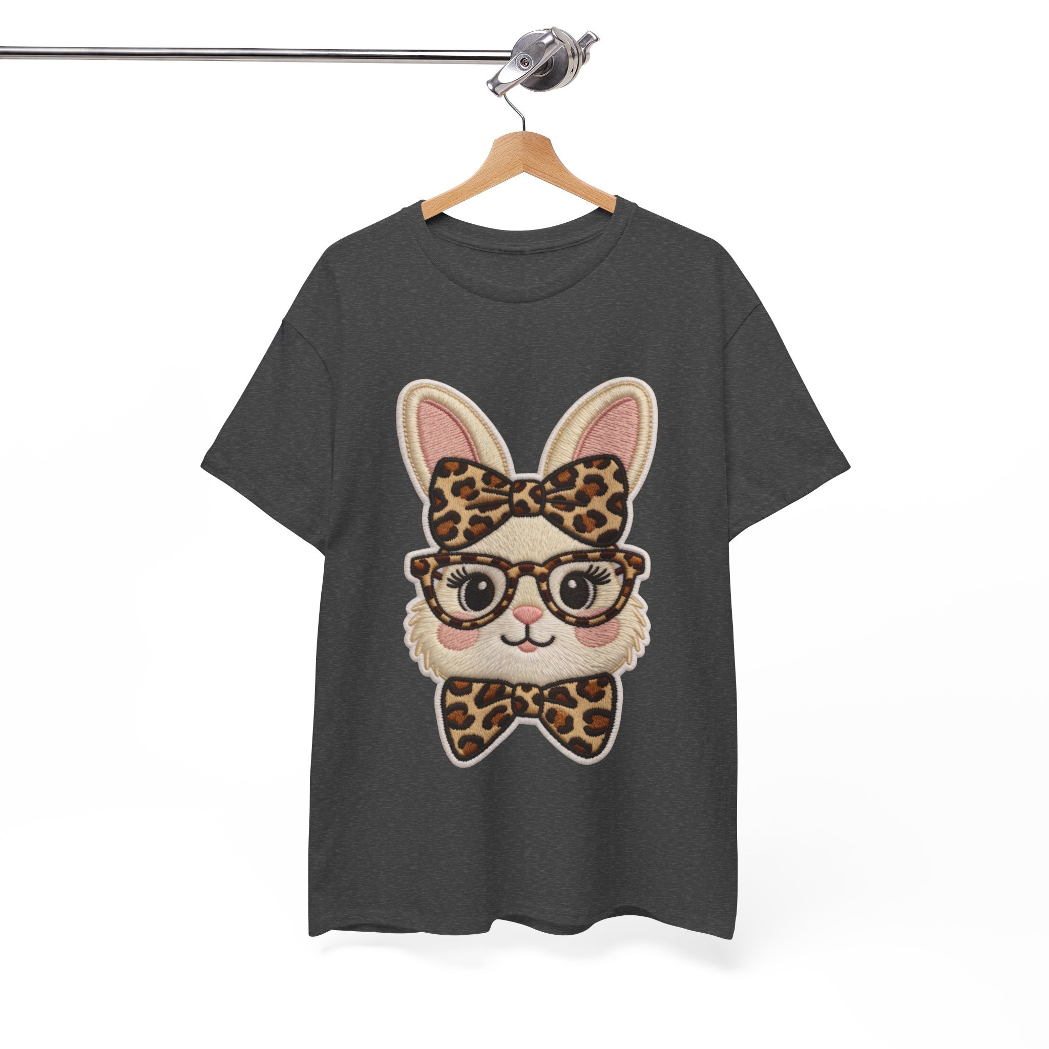 Leopard Bow Bunny Embroidered Tee — Cute Bunny Face with Glasses Patch Unisex Cotton Tee