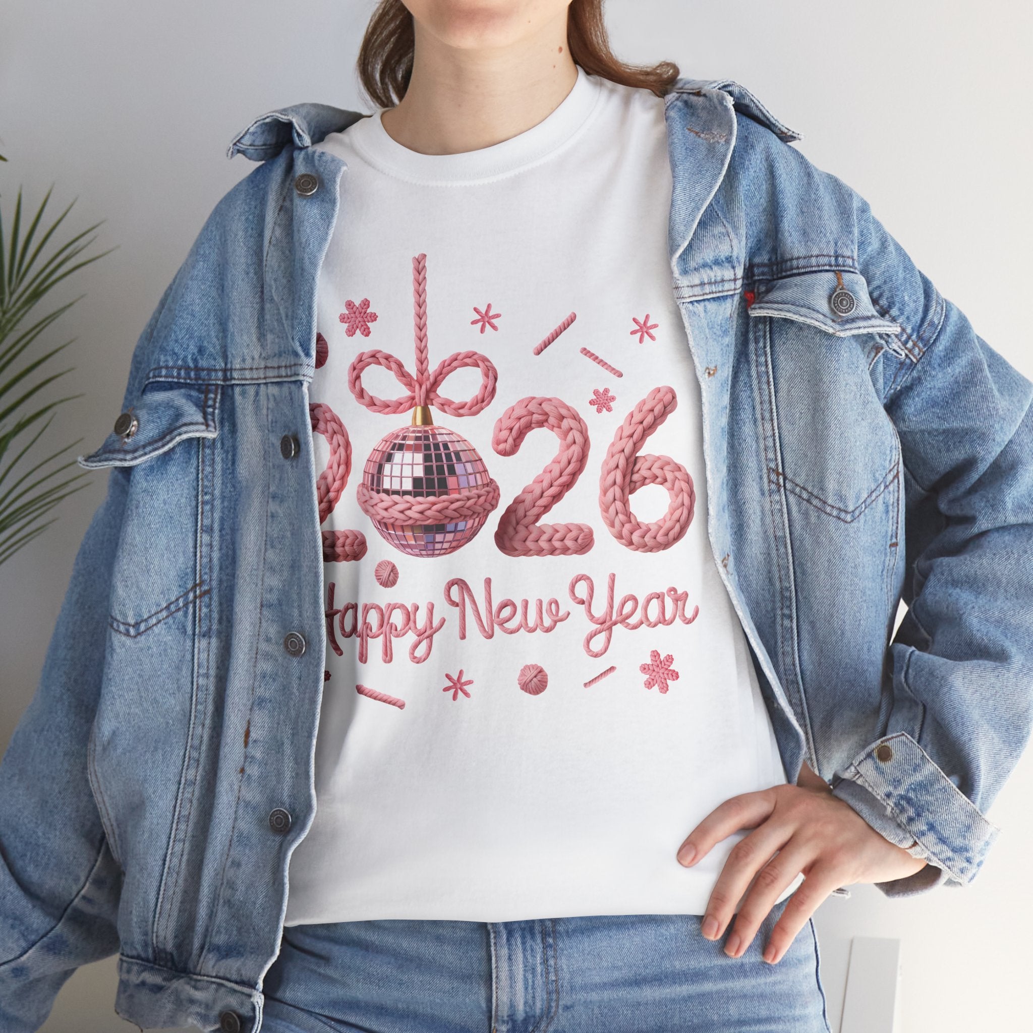 2026 Happy New Year Pink Knitted Disco Ball Unisex Cotton Tee
