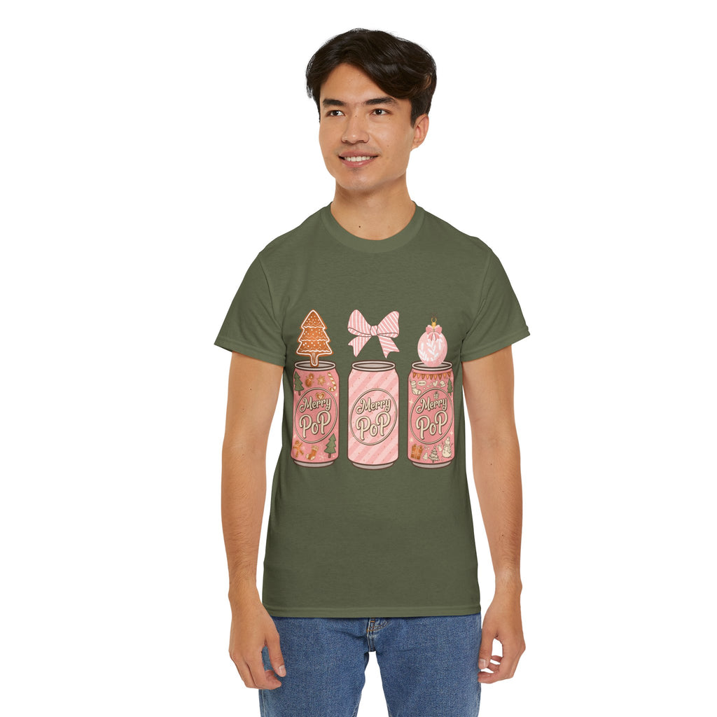 Merry Pop Christmas Soda Can Tee — Pastel Holiday Graphic Unisex Cotton T-Shirt