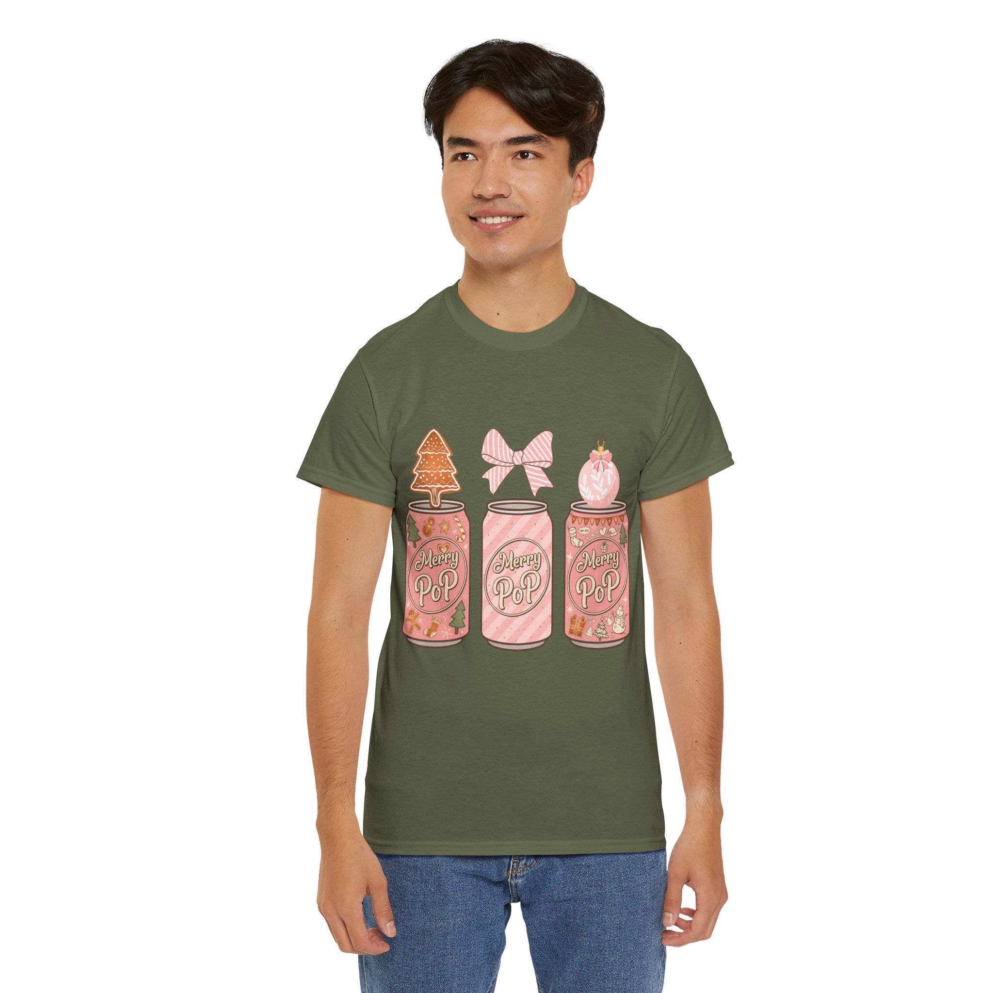Merry Pop Christmas Soda Can Tee — Pastel Holiday Graphic Unisex Cotton T-Shirt