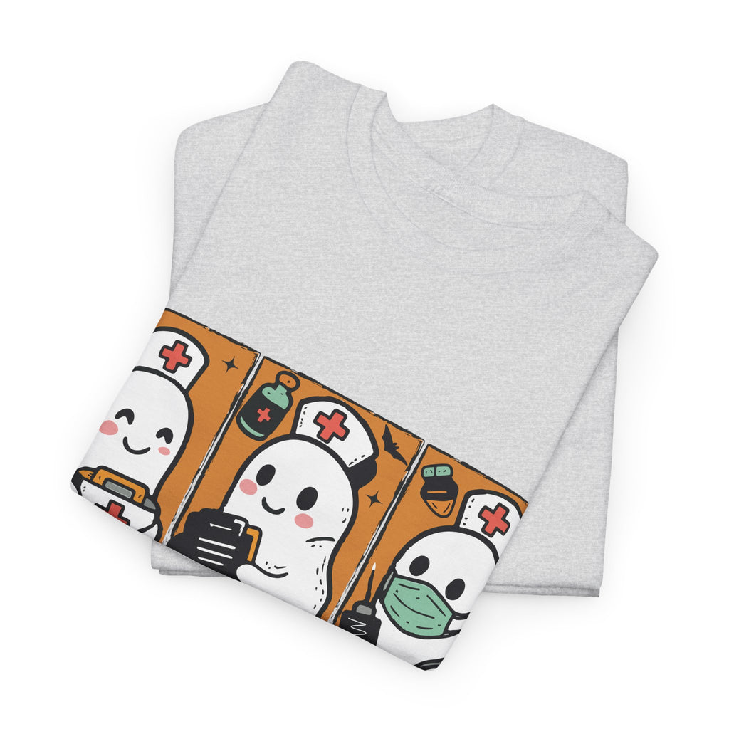 Halloween Nurse T-Shirt — Ghost Nurses Holding Medical Tools on Orange Unisec Cotton Tee