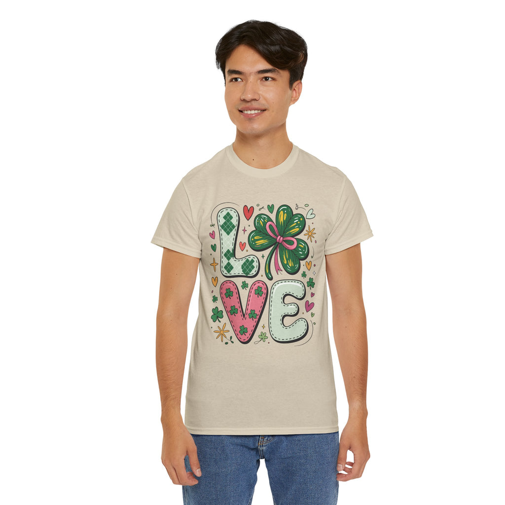 Stitched Clover 'LOVE' Tee — Heart & Patchwork St. Patrick's Unisex Cotton T-Shirt