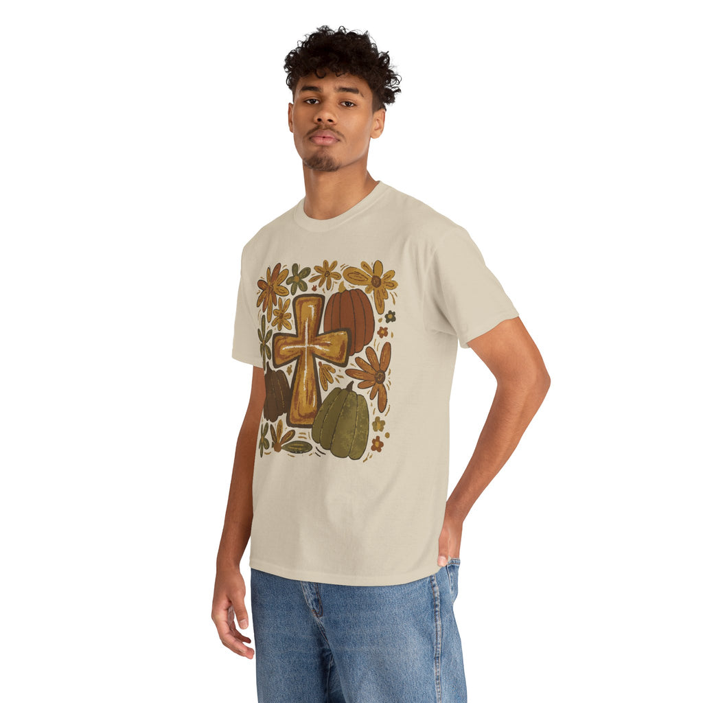 Autumn Cross Tee — Rustic Pumpkin & Fall Floral Christian Unisaex Cotton T-Shirt