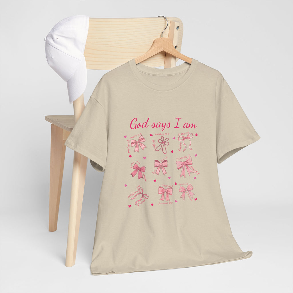 God Says I Am Christian Tee — Pink Affirmation T-Shirt with Bible Verse Bows.Unisex Cotton Tee
