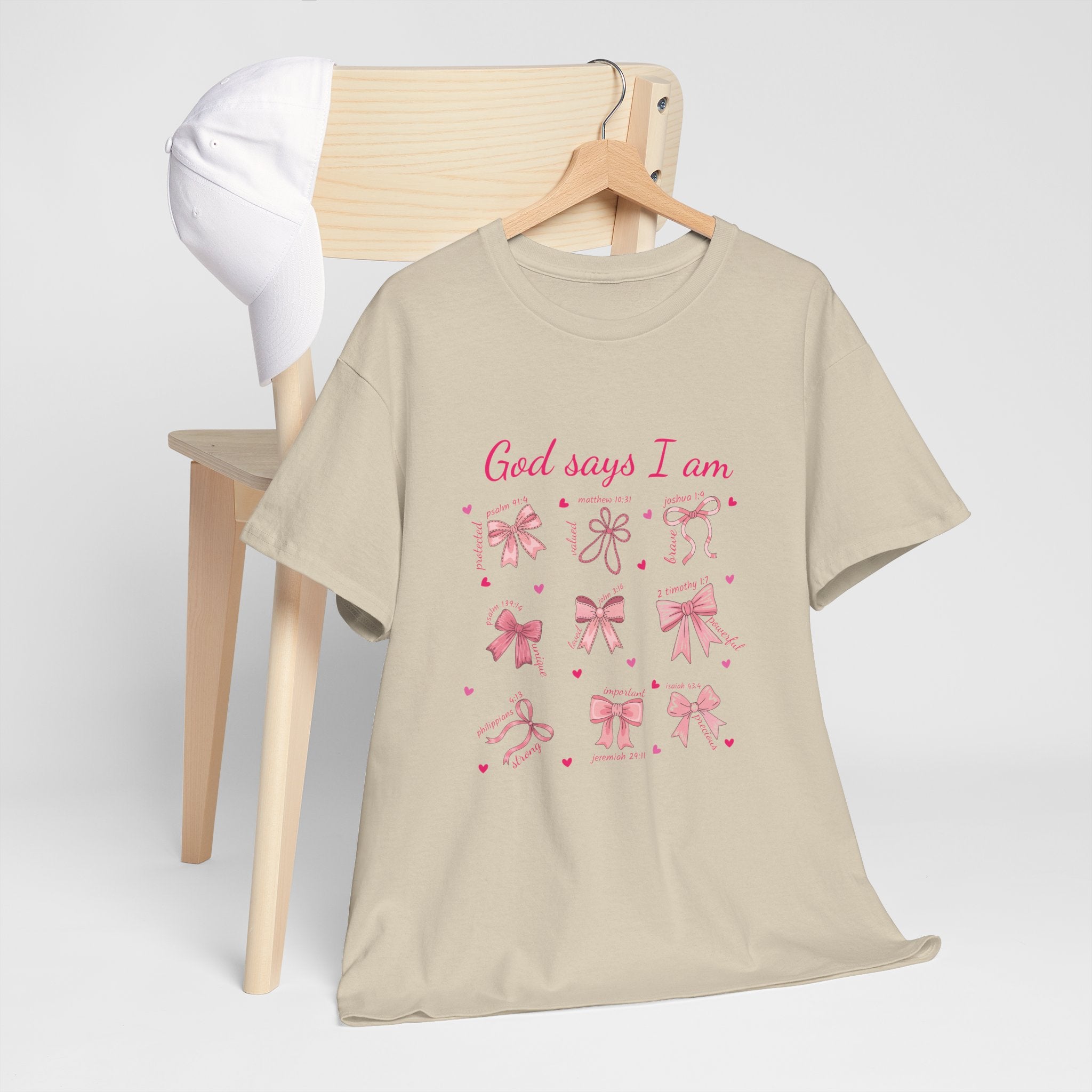 God Says I Am Pink Bow Tee — Faith-Based 'Loved, Brave, Strong' Unisex Cotton Shirt