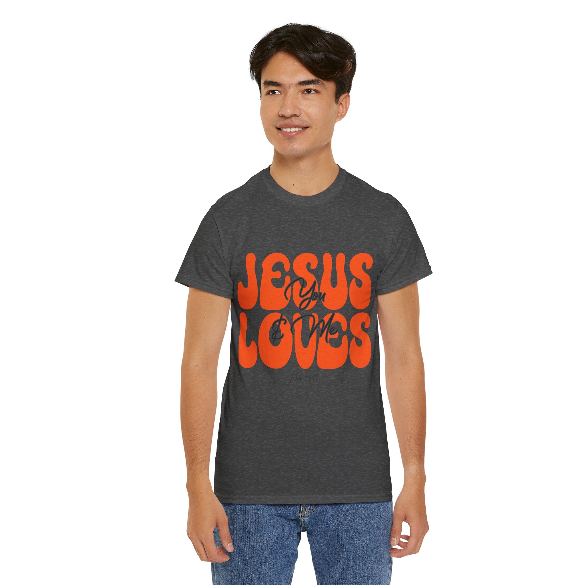 Jesus Loves You & Me Retro Tee — Playful Orange Bubbly Christian Unisex Cotton T-Shirt