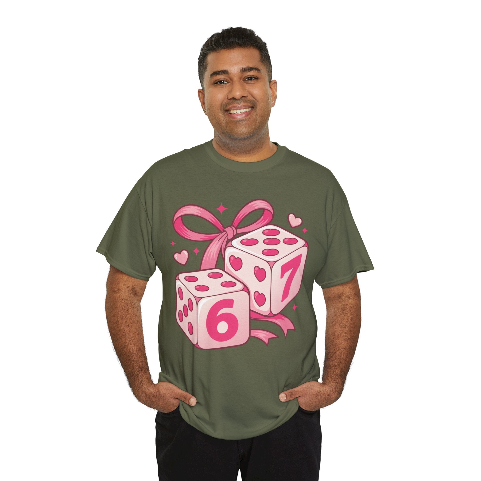 Lucky Love Dice T-Shirt — Pink Heart Dice with Bow..Unisex Cotton Tee