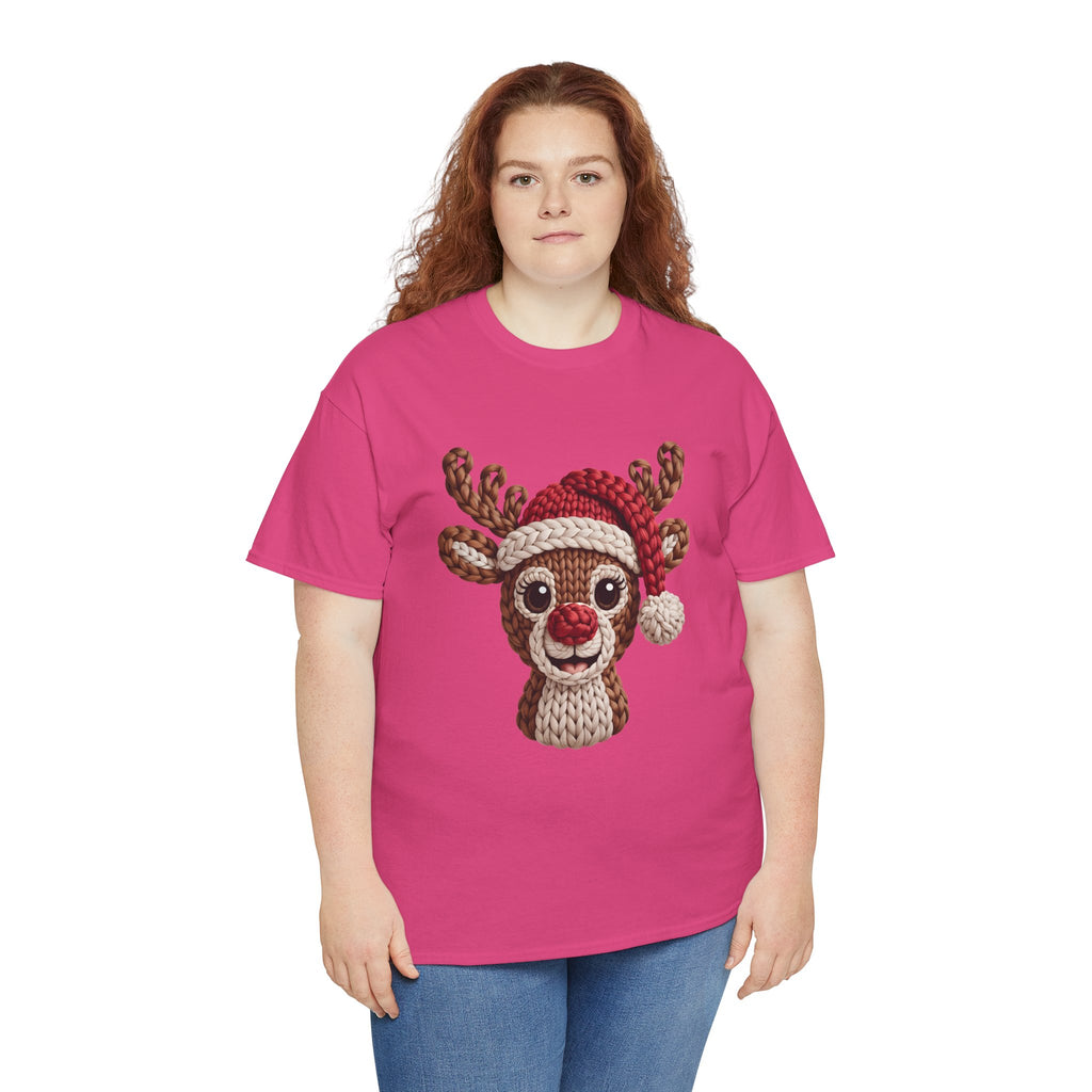 Reindeer in Santa Hat Cotton Tee — Joyful Faux-Yarn Holiday Unisex Coton T-Shirt