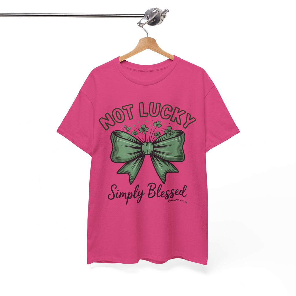 Not Lucky, Simply Blessed T-Shirt — Green Bow & Clovers St. Patrick’s Unisex Cotton Tee
