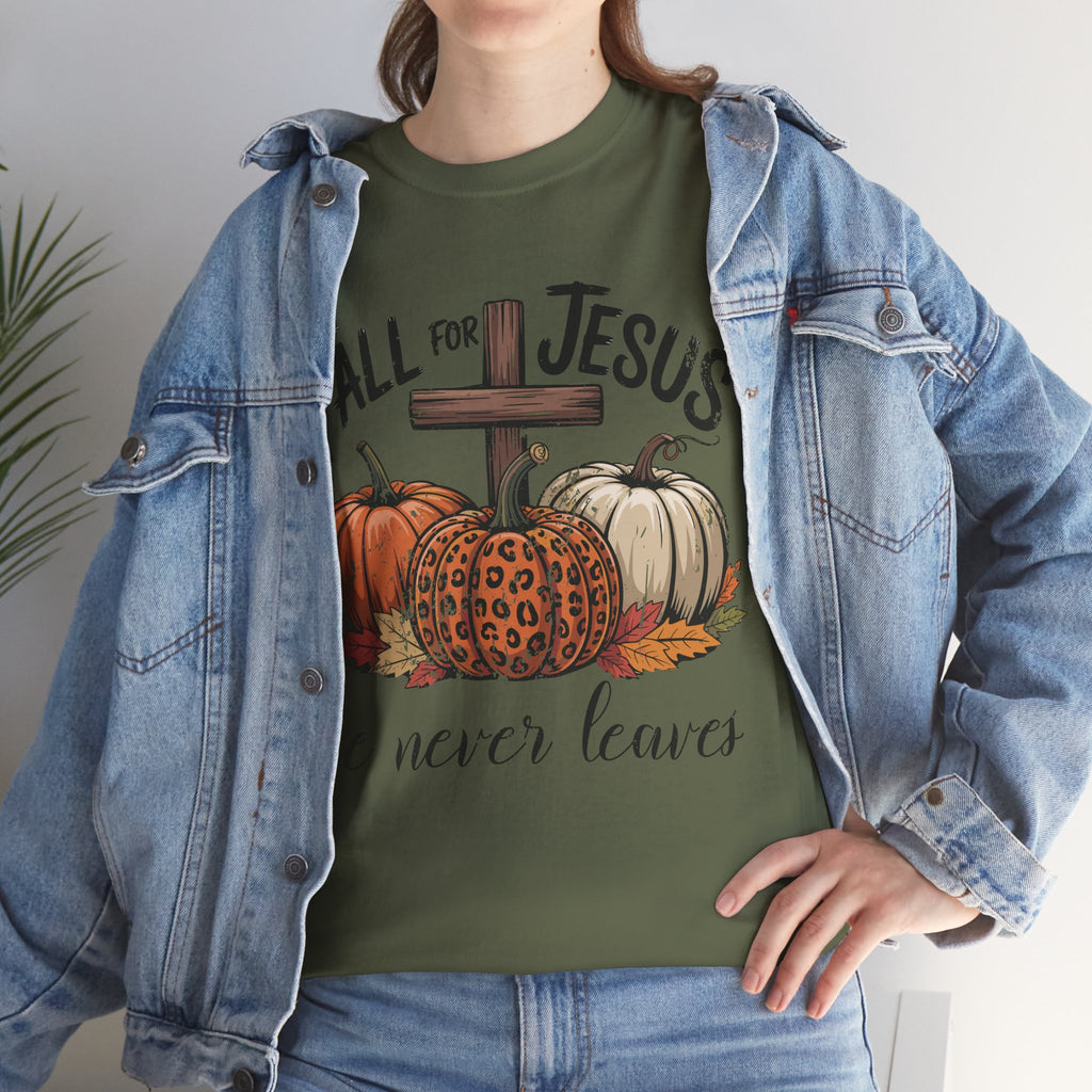 Fall for Jesus Pumpkin Cross Tee — "He Never Leaves" Autumn Christian Unisex Cotton T-Shirt