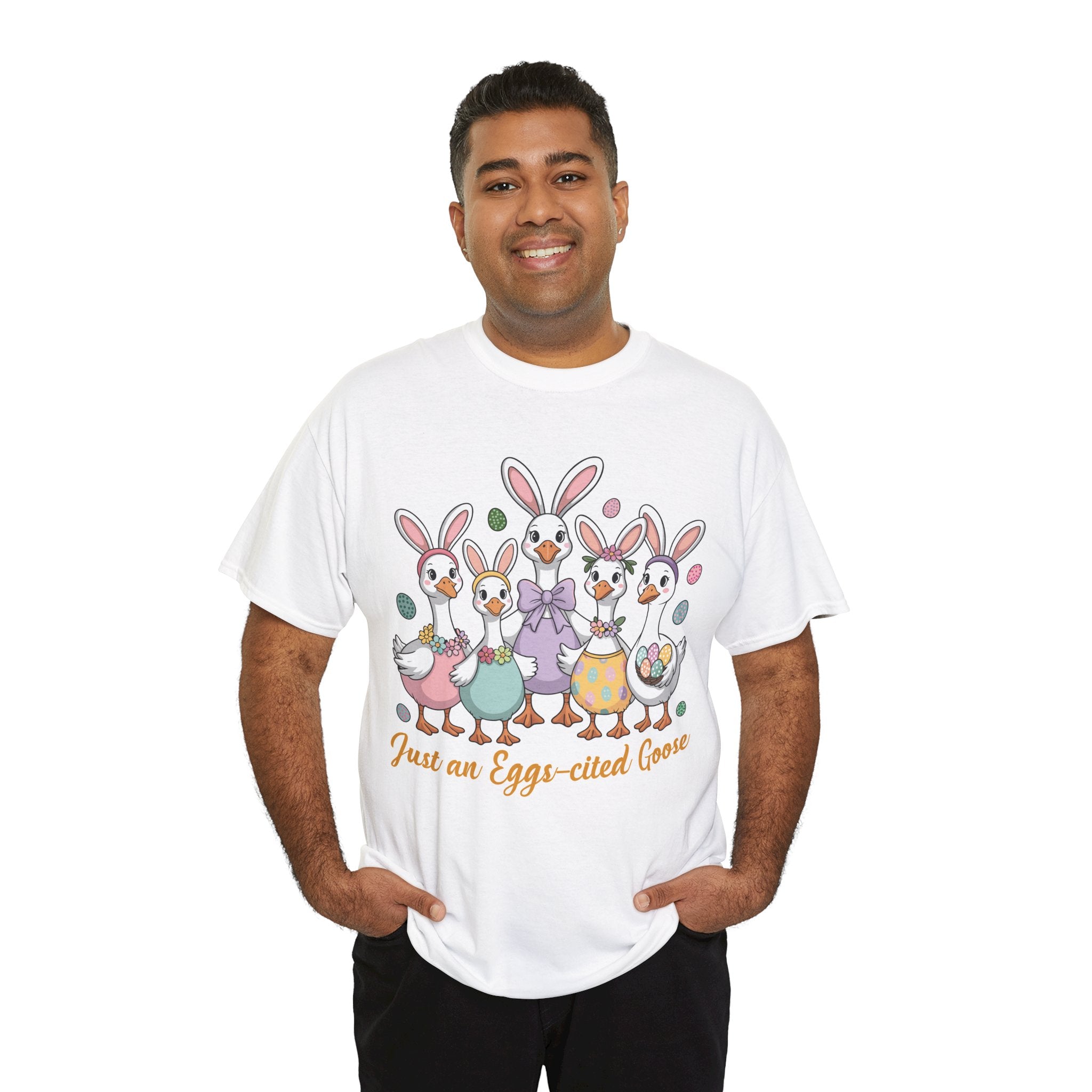 Just an Eggs-cited Goose Easter Tee — Funny Geese in Bunny Ears Unisex Cotton Tee