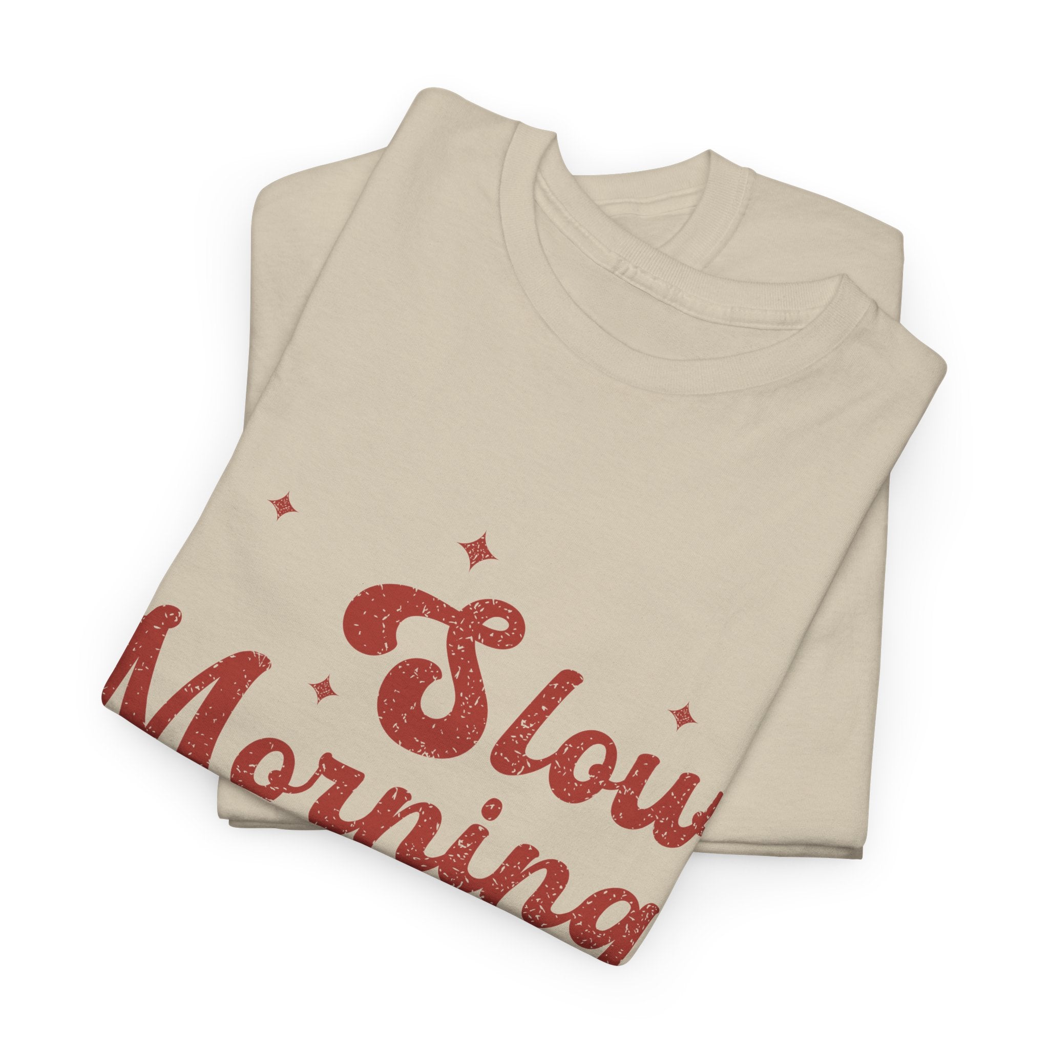 Slow Mornings Club T-Shirt — Retro Red Sparkle Unisex Cotton Tee