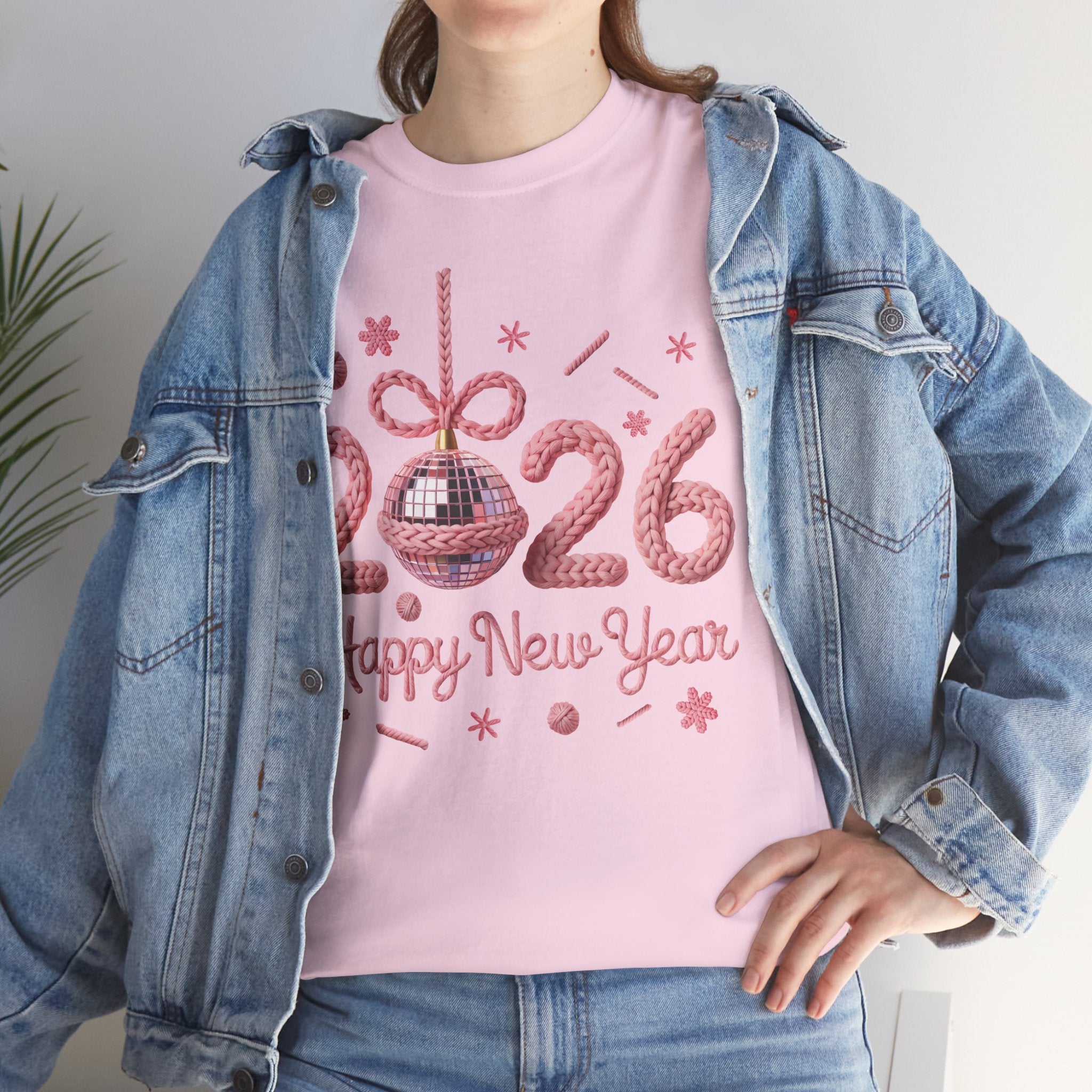 2026 Happy New Year Pink Knitted Disco Ball Unisex Cotton Tee