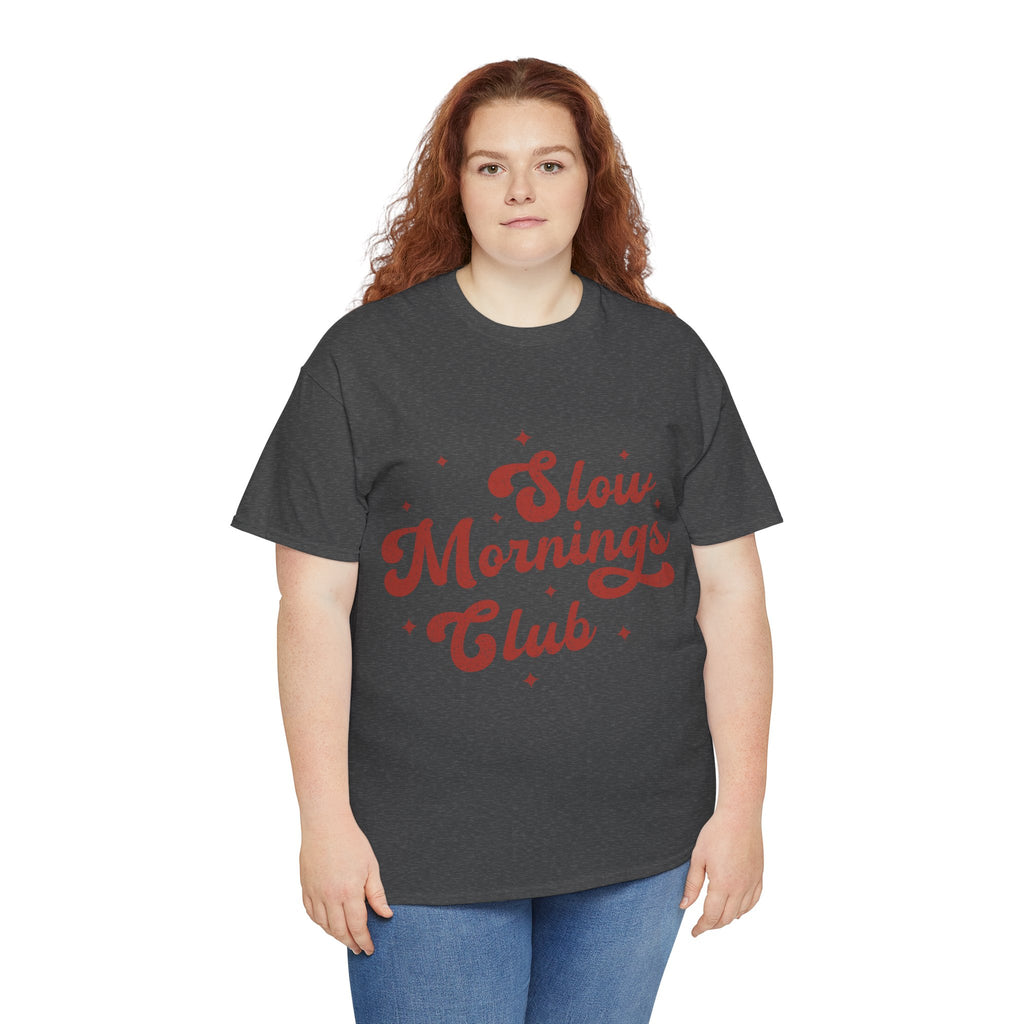 Slow Mornings Club T-Shirt — Retro Red Sparkle Unisex Cotton Tee