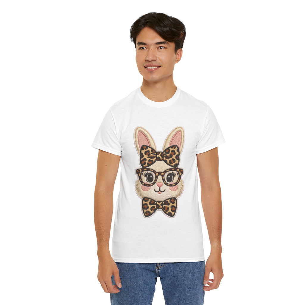 Leopard Bow Bunny Embroidered Tee — Cute Bunny Face with Glasses Patch Unisex Cotton Tee
