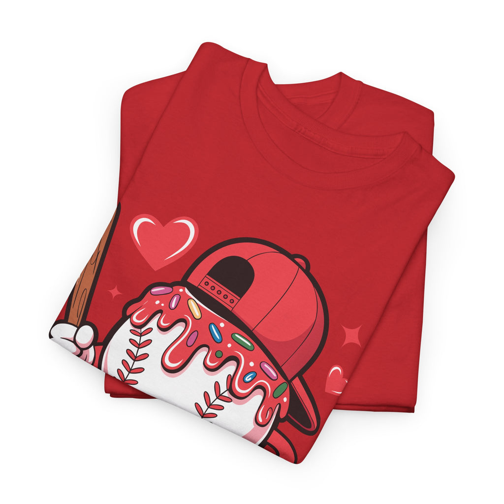 Cute Baseball Character T-Shirt — Red Cap & Icing Top Graphic with Hearts Unisex Cotton Tee