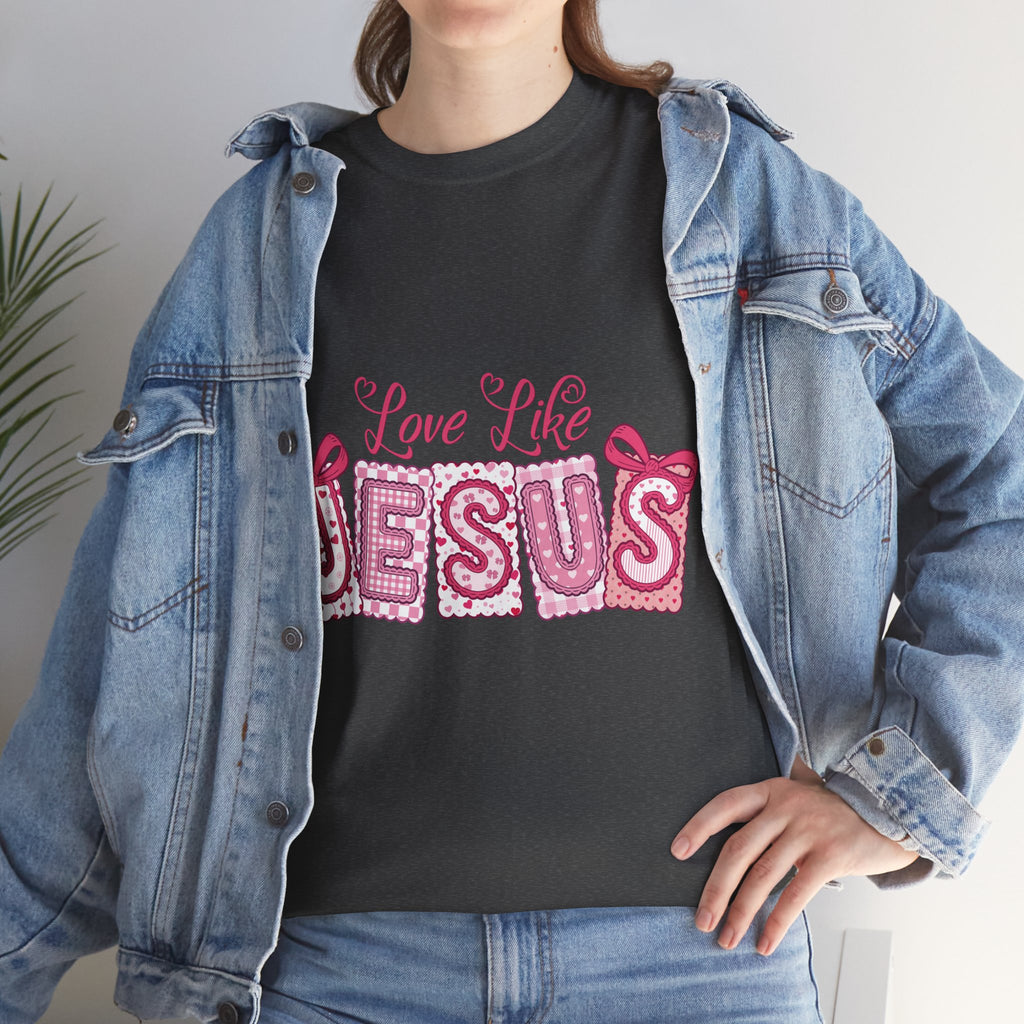 Love Like Jesus Patchwork Tee — Pink Stitched Heart Graphic.Unisex Cotton Tee