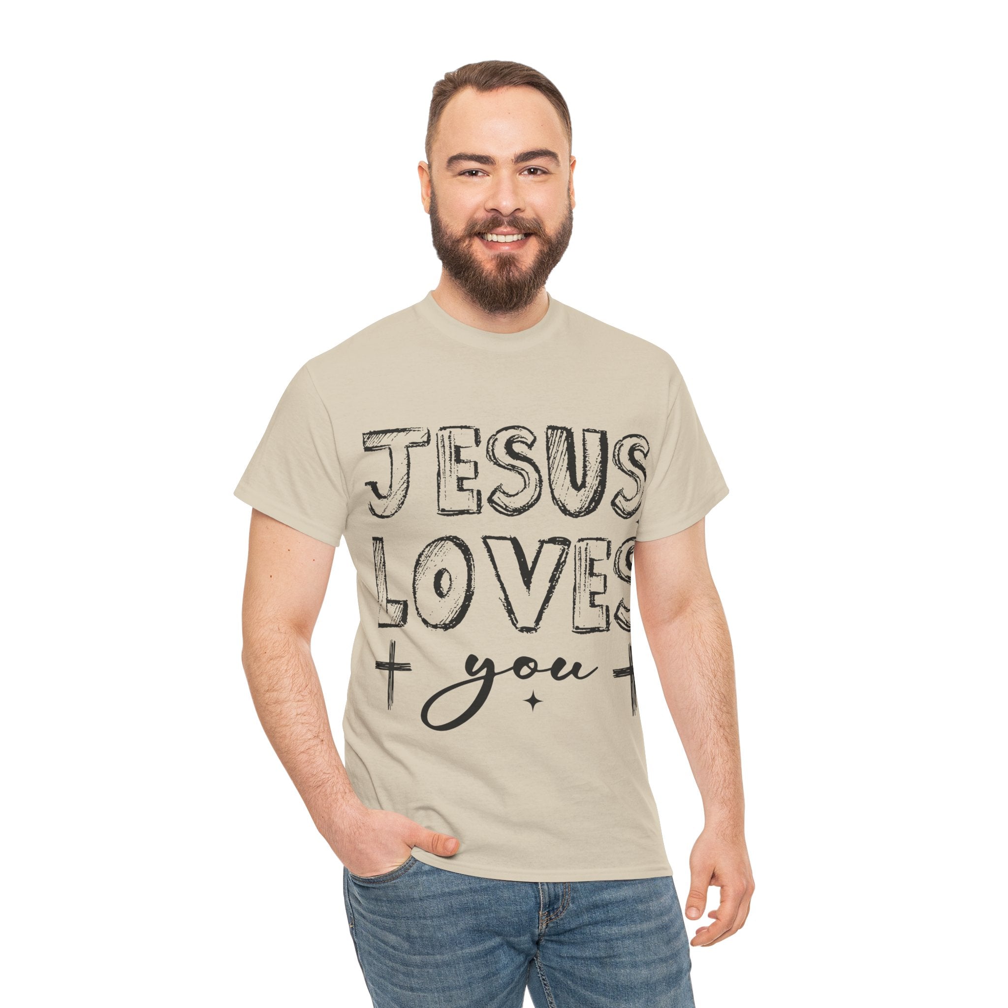 Jesus Loves You Chalk-Style Tee — Crosses & Stars Christian UNisex Cotton T-Shirt