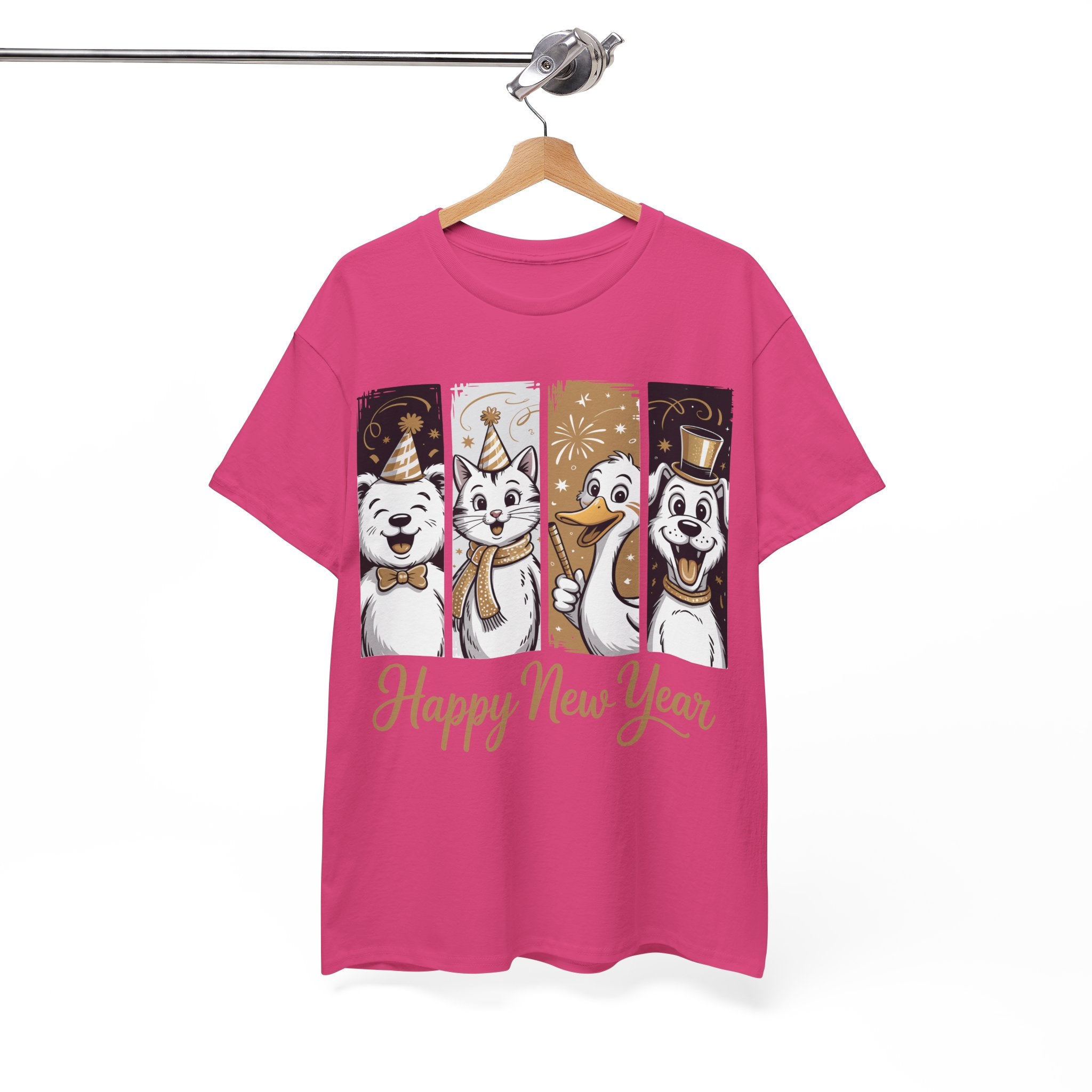 Happy New Year Party Animals T-Shirt — Cute Smiling Animals in Party Hats & Gold Fireworks..Unisex Cotton Tee
