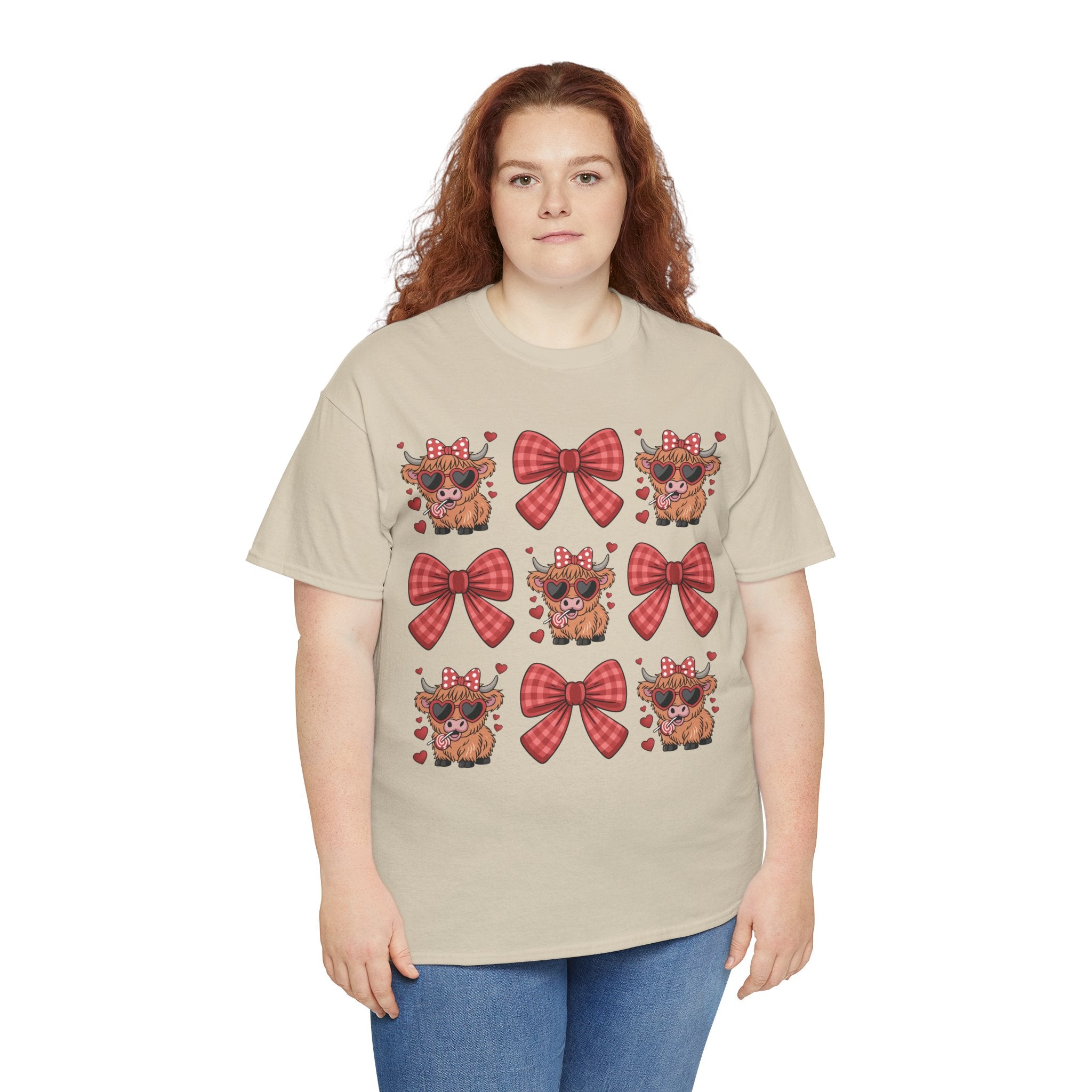 Valentine Cow Checkered Tee — Fluffy Cows with Heart Sunglasses & Red Bows..Unisex Cotton Tee