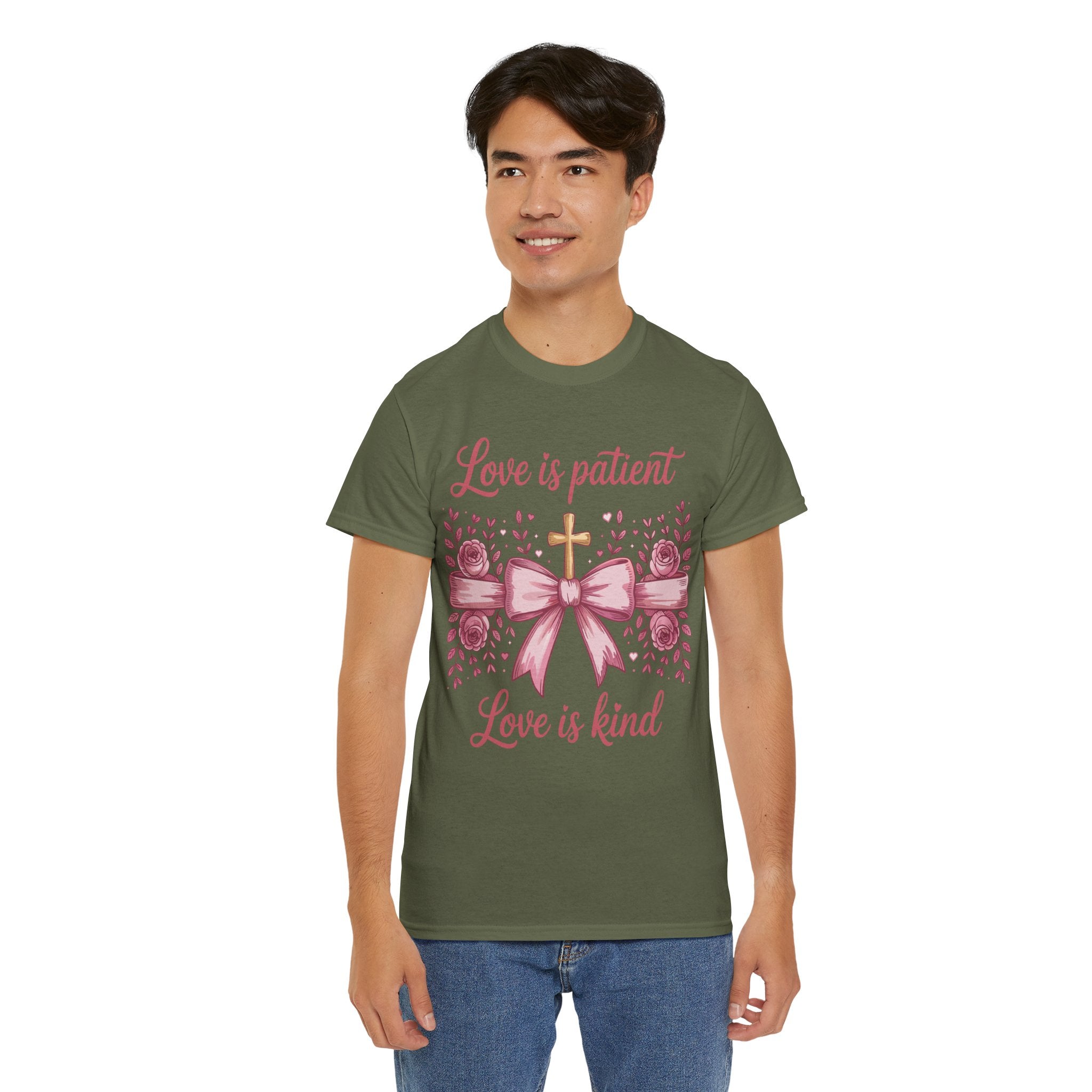 Christian Floral Tee — "Love is Patient, Love is Kind" Pink Rose Cross. Unisex Cotton Tee
