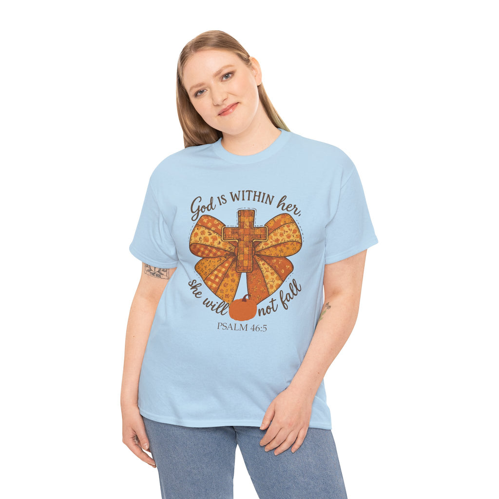 Psalm 46:5 Cross Patchwork Tee — Fall Bow Christian Unisex Cotton T-Shirt