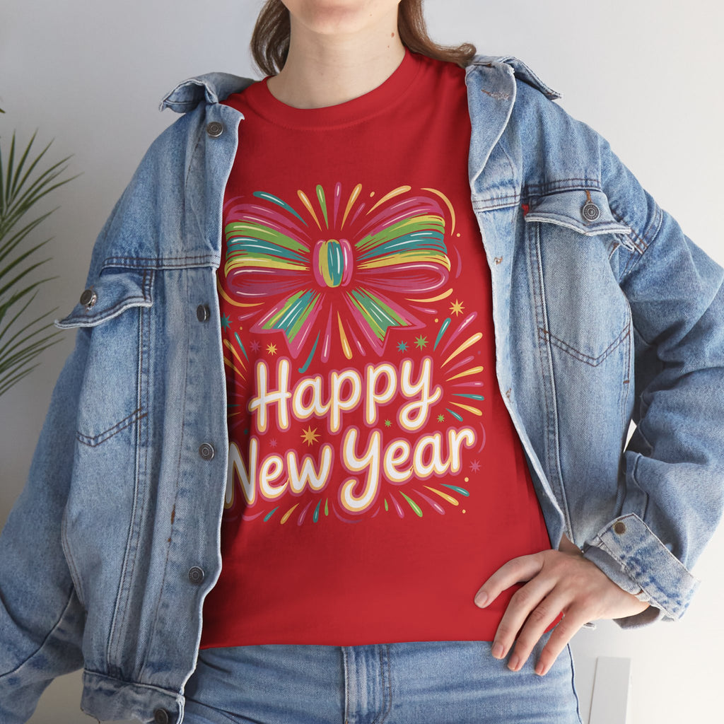Happy New Year Pastel Tee — Rainbow Bow & Fireworks Celebration Unisex Cotton Tshirt