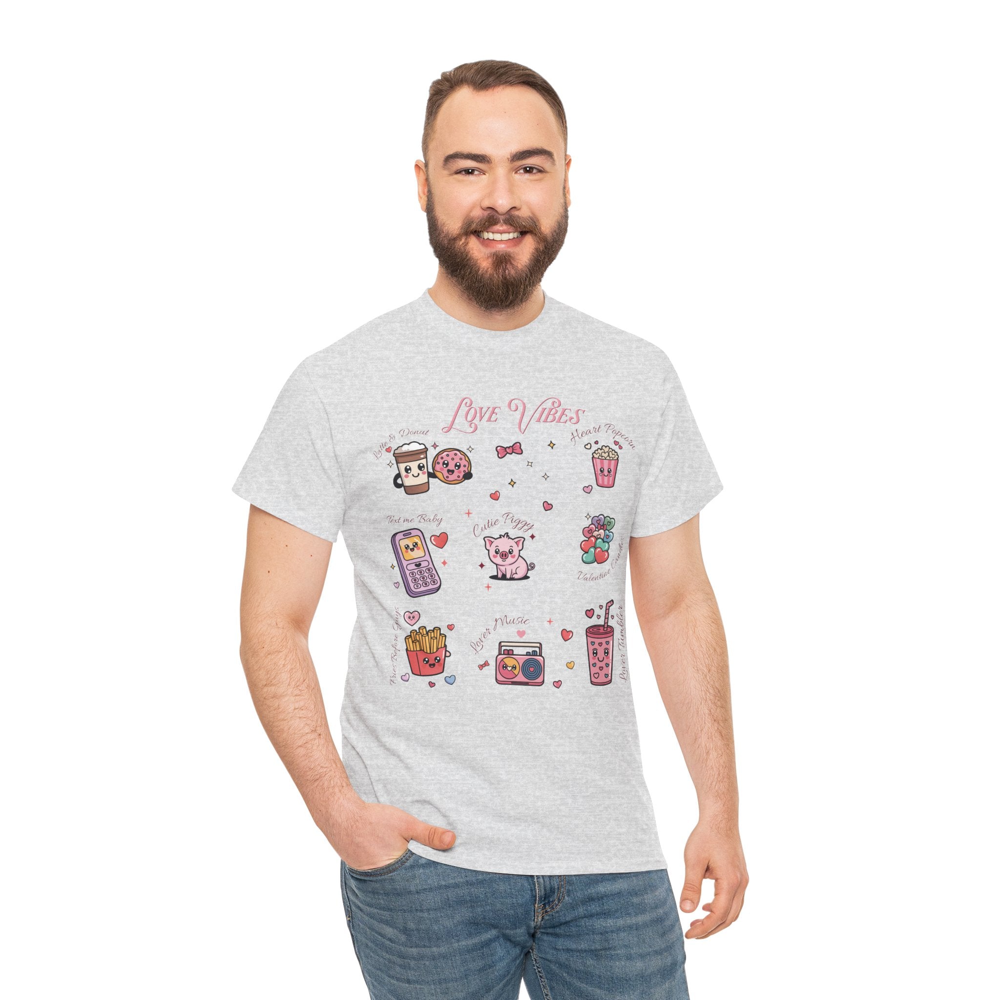 Love Vibes Kawaii Valentine T-Shirt — Cute Donut, Coffee & Piglet Design Unisex Cotton Tee