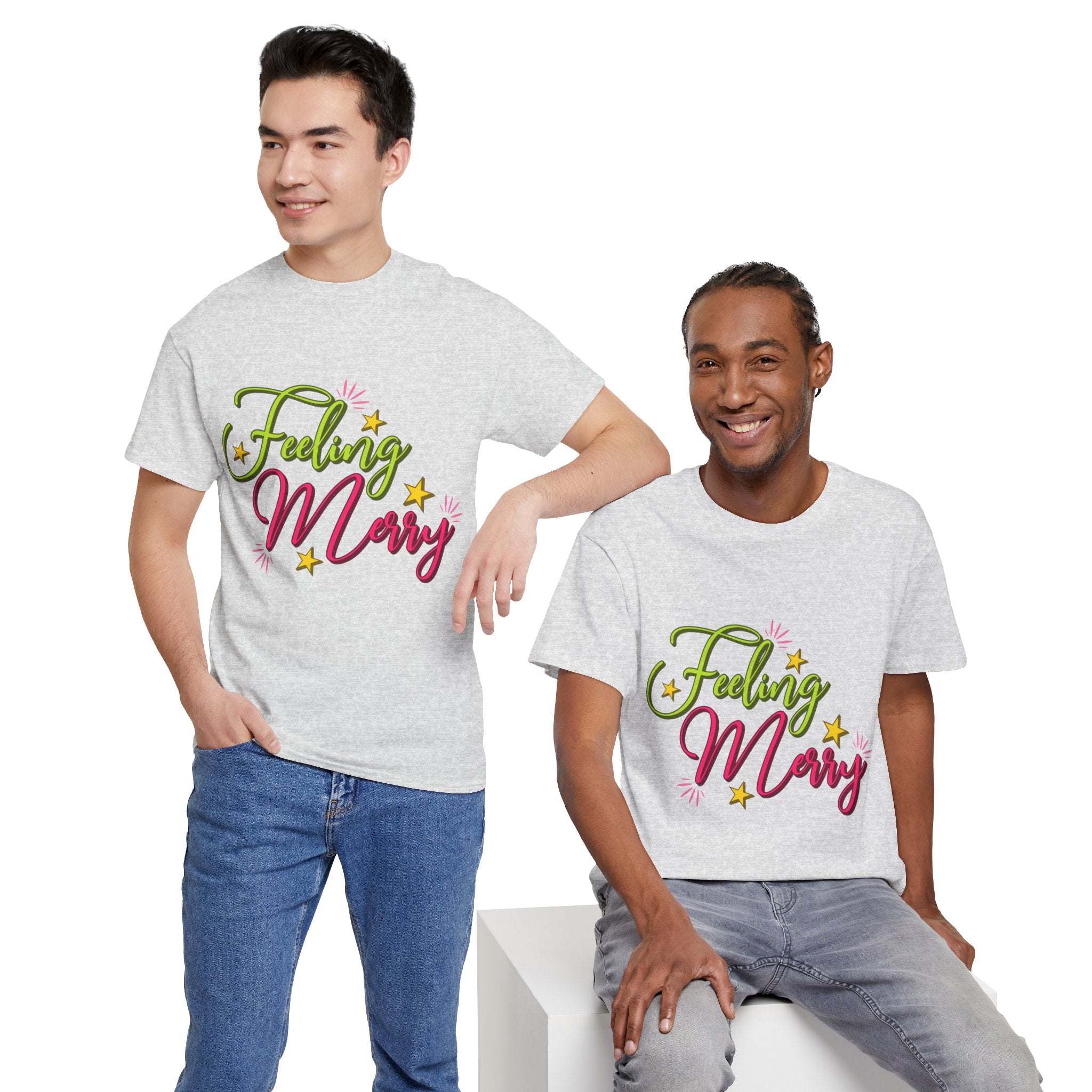 Feeling Merry T-Shirt — Bright Green & Pink Holiday Tee with Stars.Unisex Cotton Tee