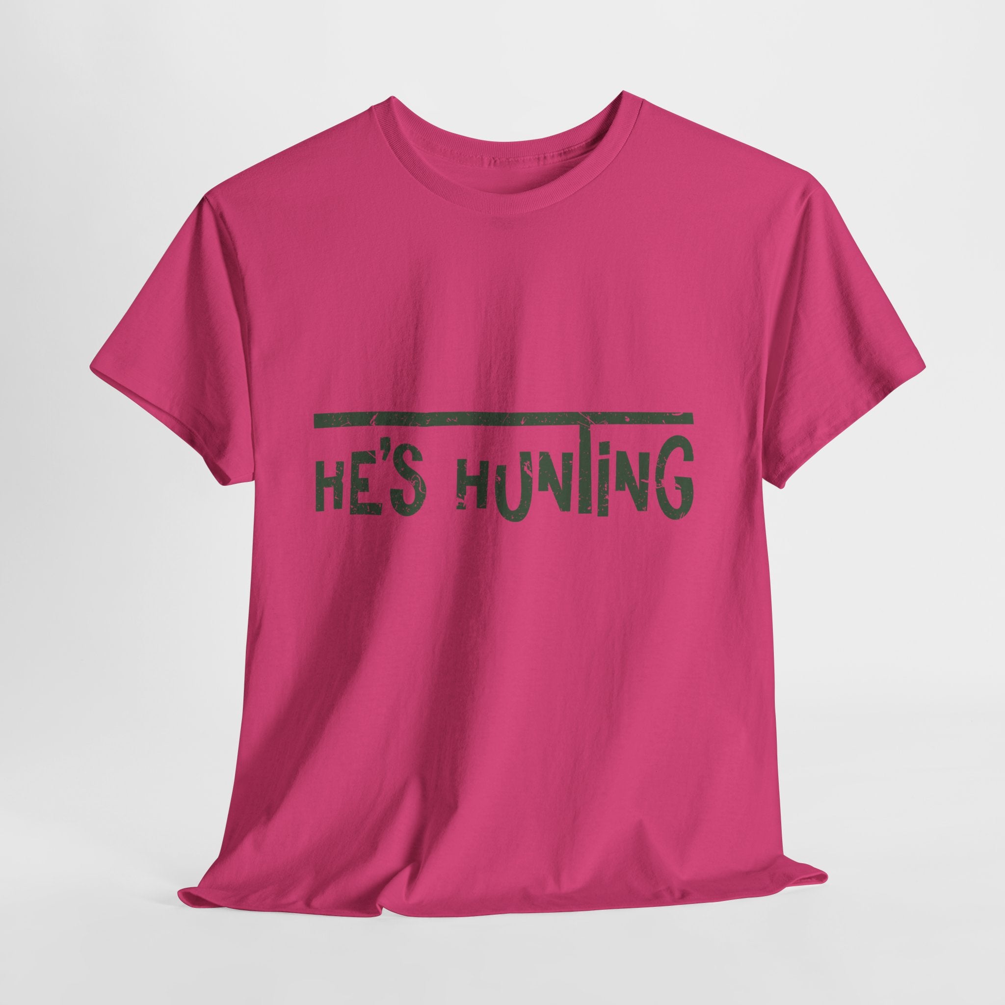 He’s Hunting Distressed Tee — Minimalist Tan Hunting Unisex Cotton Tshirt