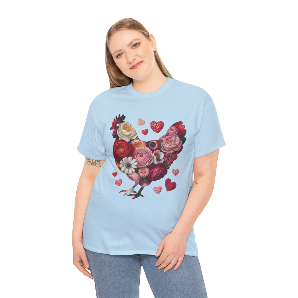 Floral Chicken Heart Tee — Red & Pink Flower Silhouette Unisex Cotton Tee