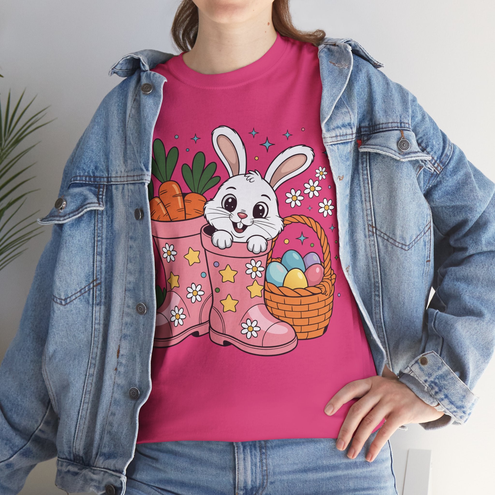 Easter Bunny in Pink Rain Boots T-Shirt — Cartoon Bunny, Carrots & Colorful Eggs Unisex Cotton Tee