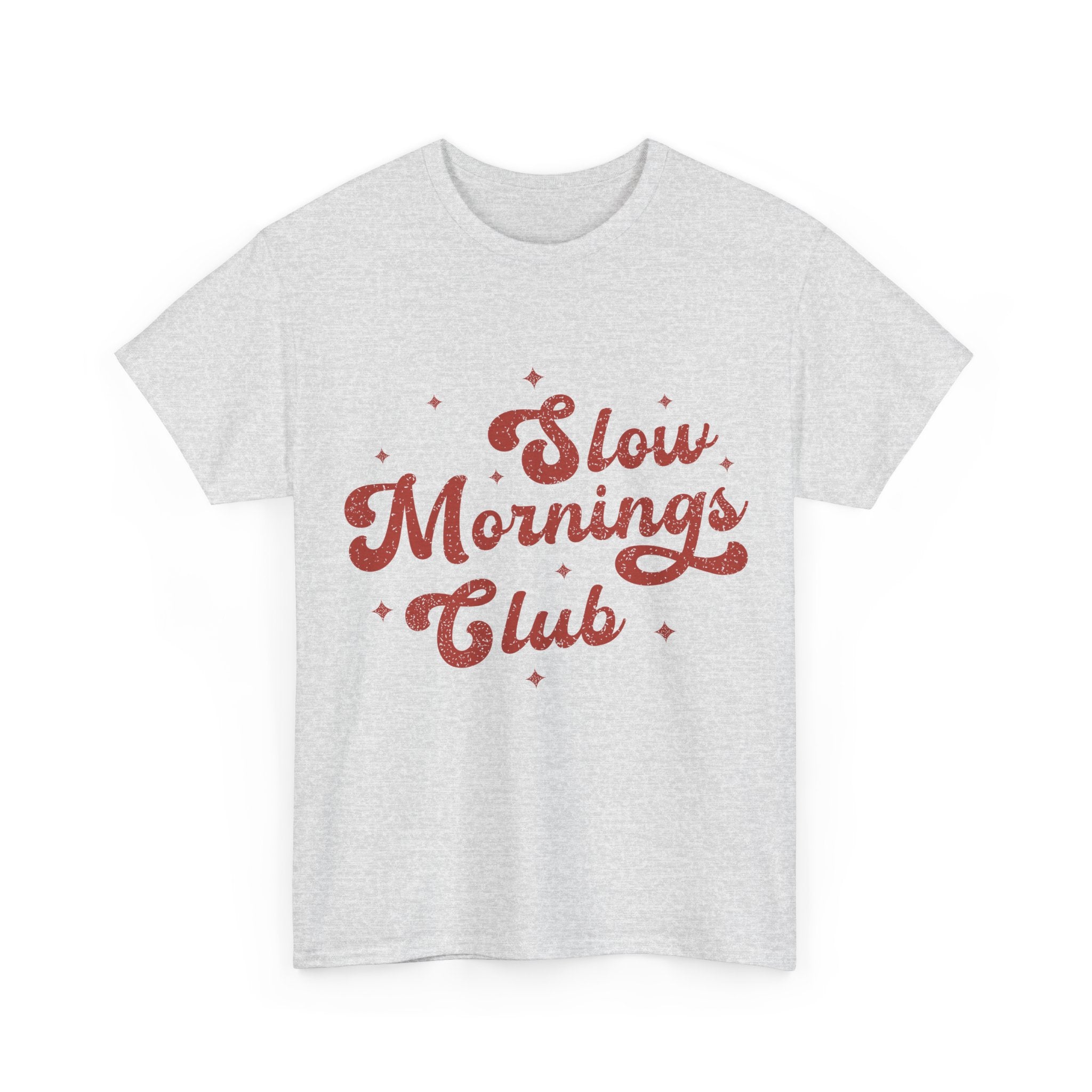 Slow Mornings Club T-Shirt — Retro Red Sparkle Unisex Cotton Tee