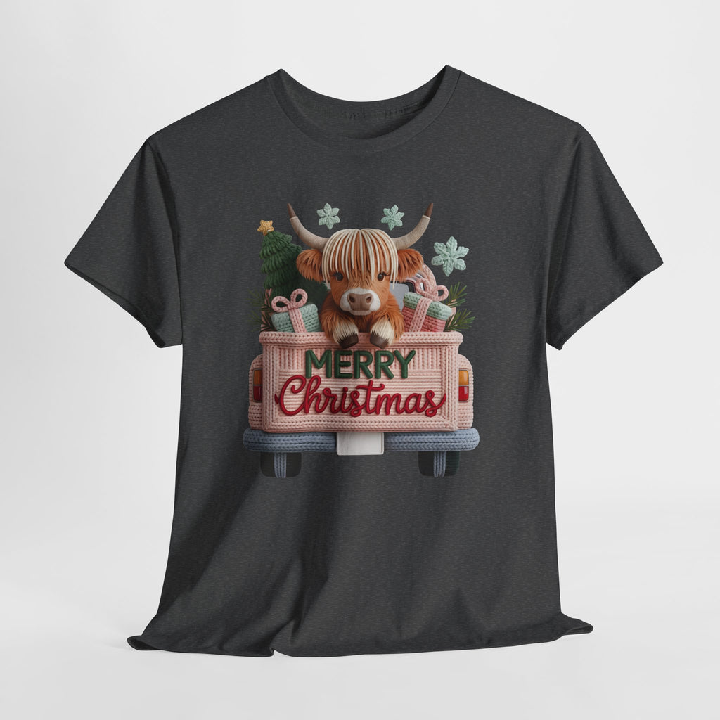 Merry Christmas Highland Cow Knit Truck Unisex Cotton T-Shirt